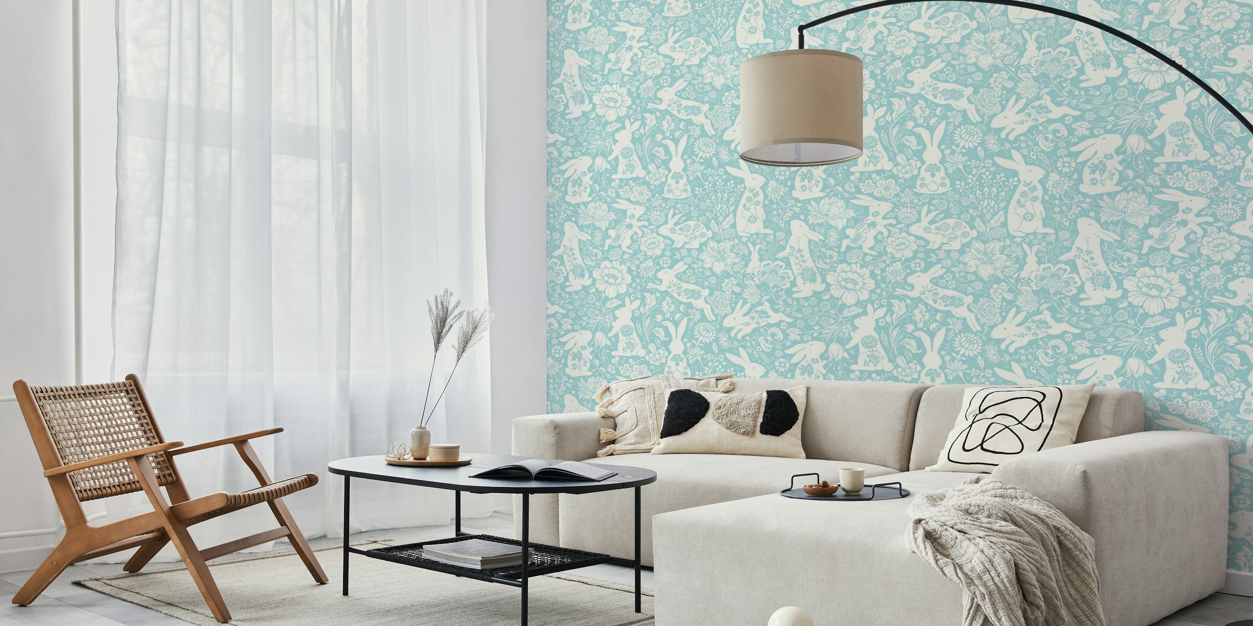 Light blue floral rabbit wallpaper with white rabbits and flowers