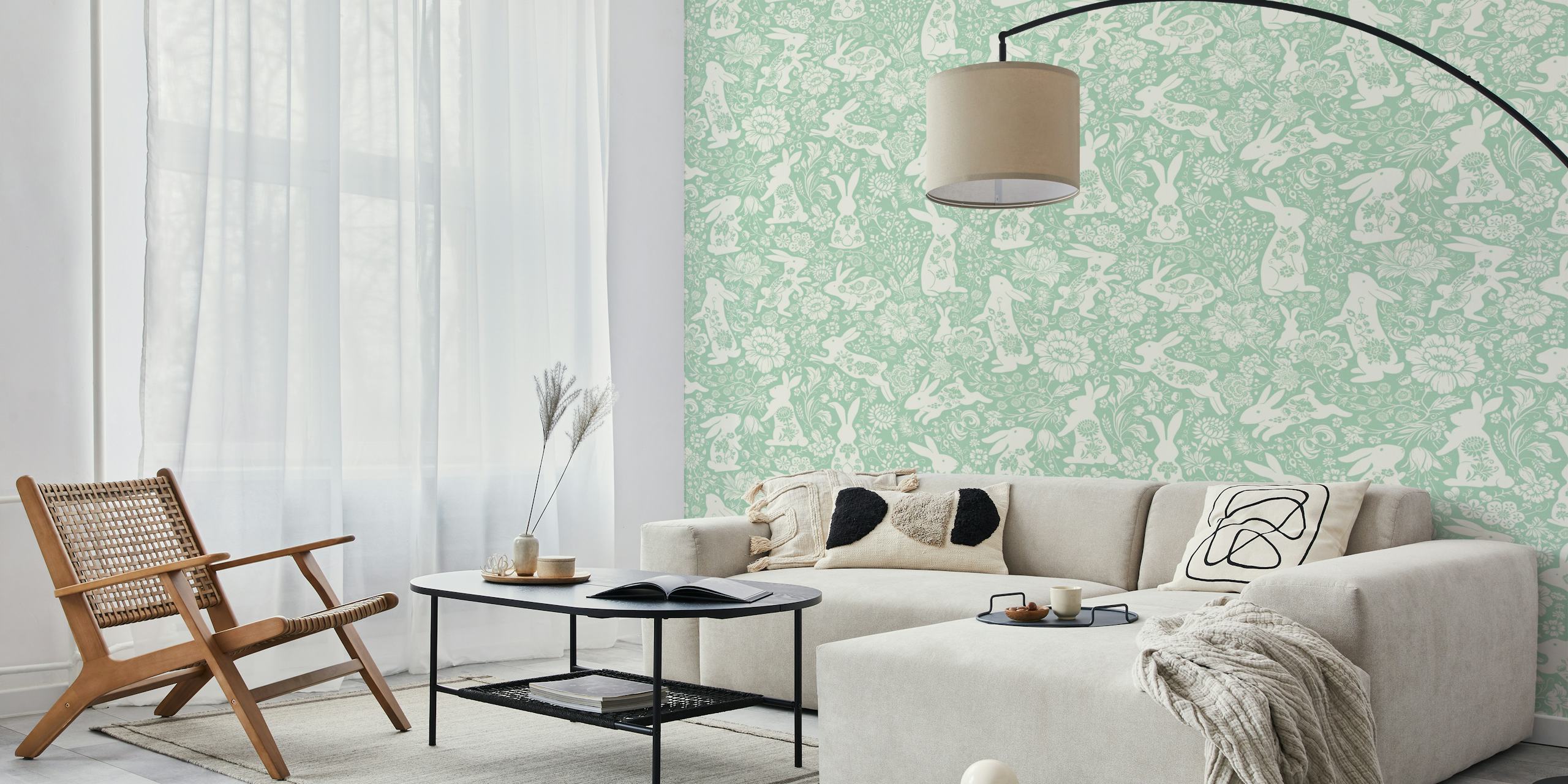 Floral patterned rabbits in turquoise and white wallpaper