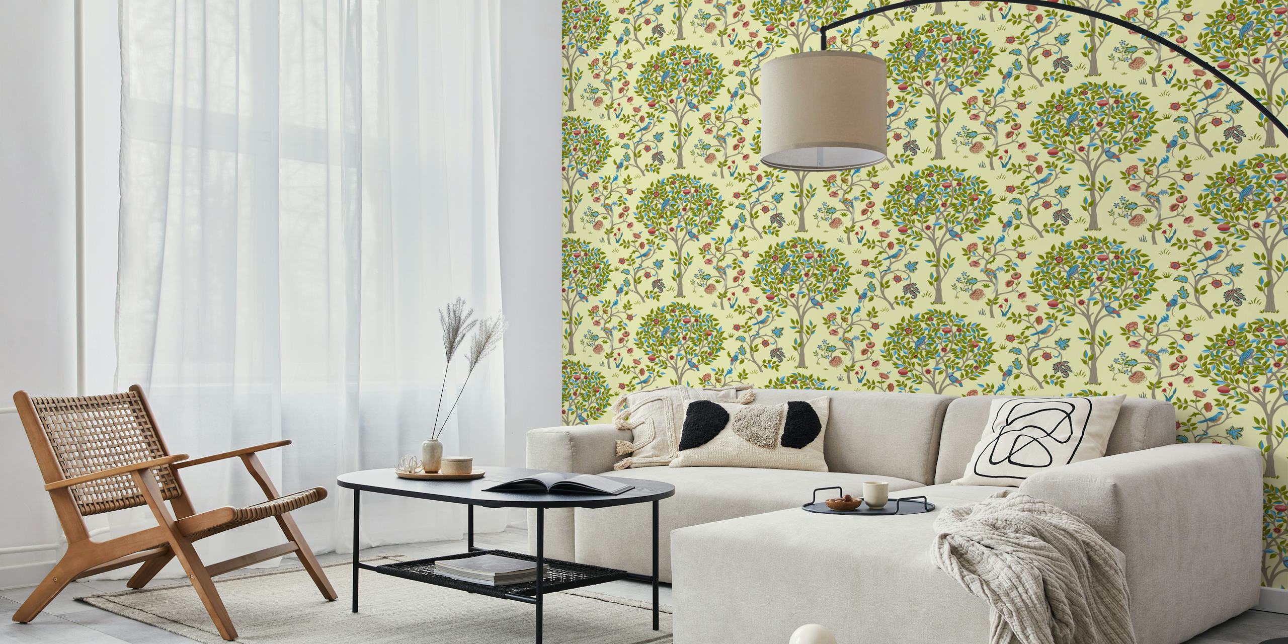 Floral tree pattern with colorful birds and leaves on cream background wallpaper.