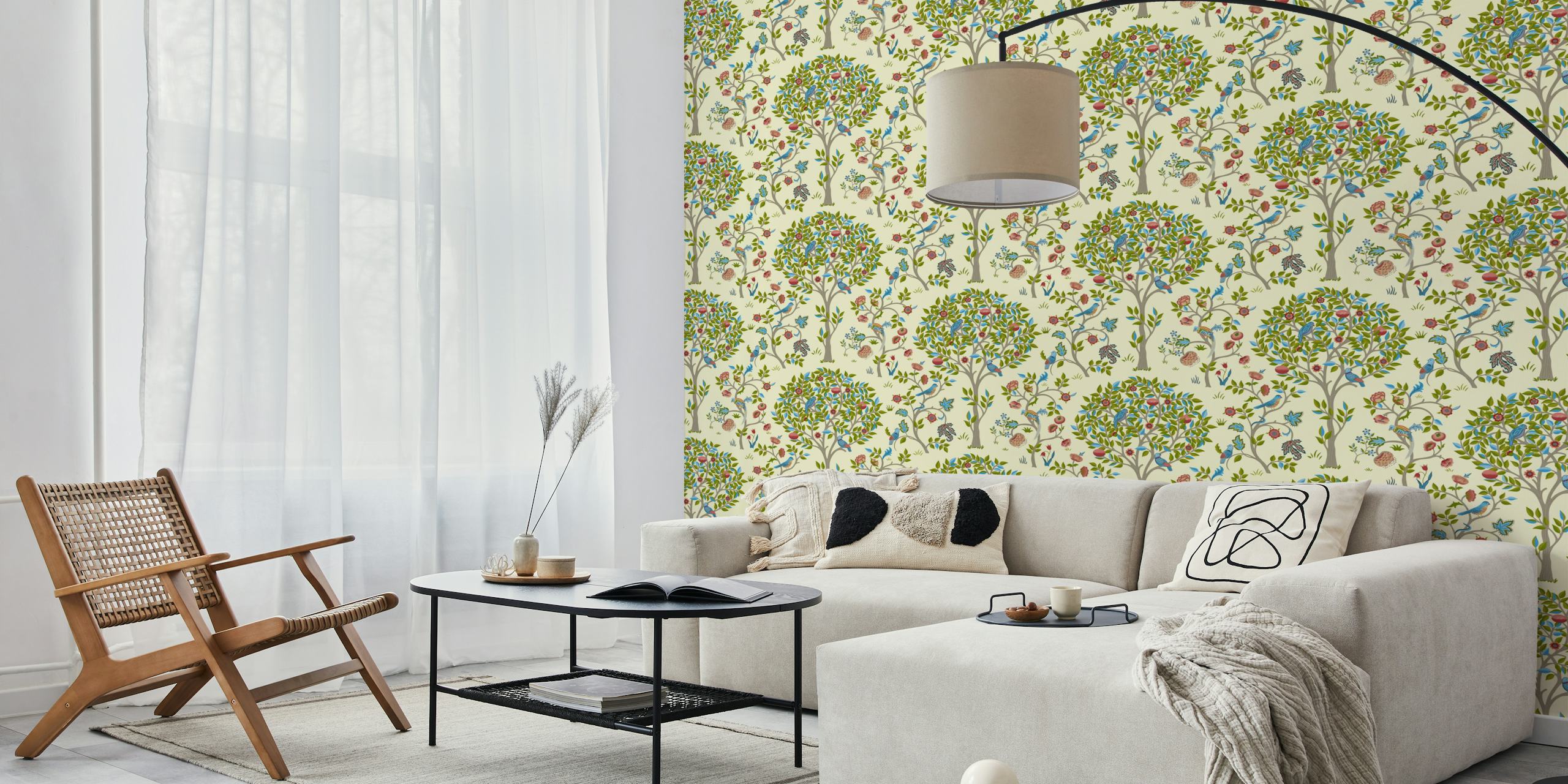 Pastel floral tree pattern with colorful birds and flowers wallpaper