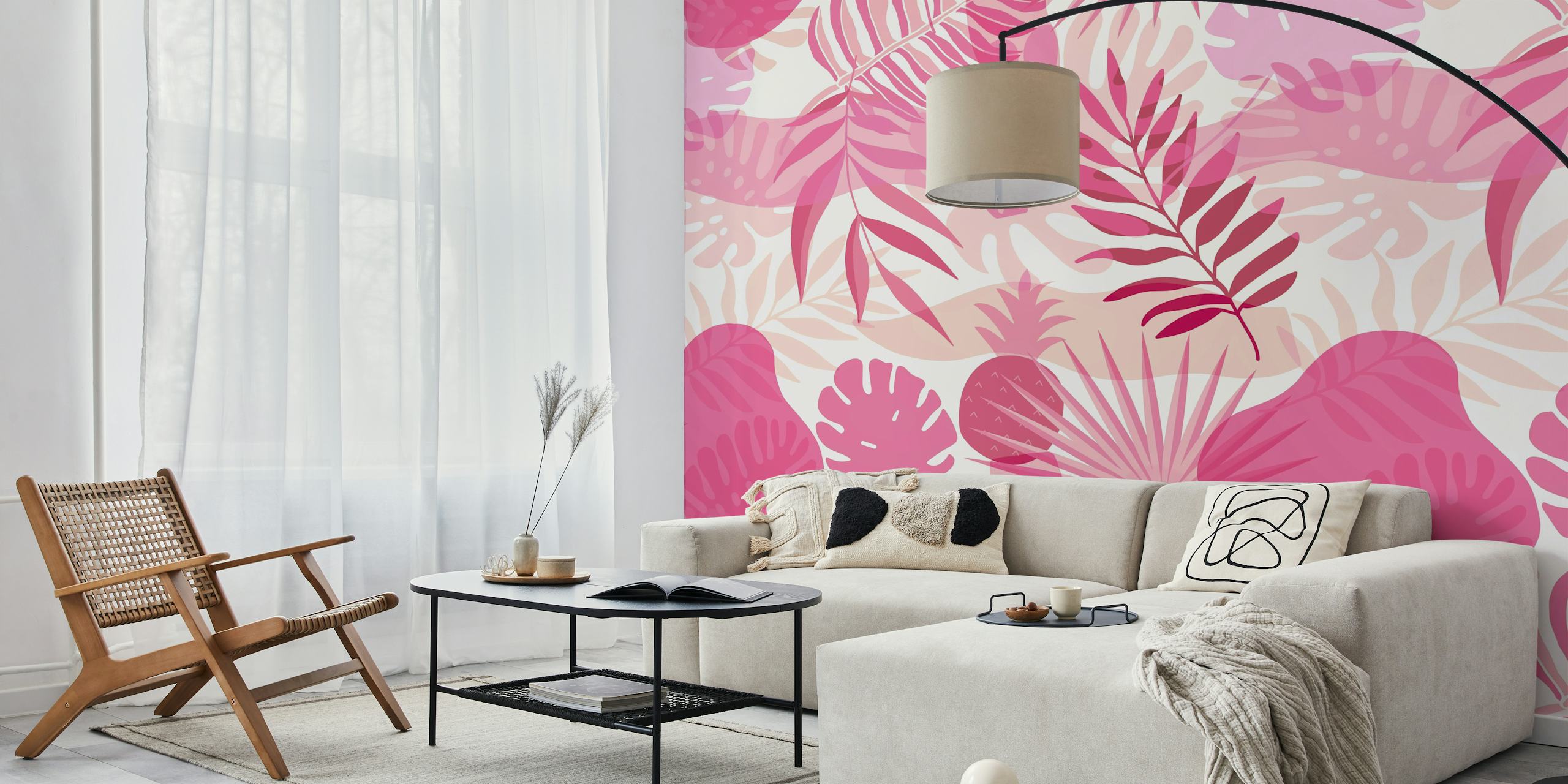 Pink Palm Leaf Exotic Vibe behang in een kamer