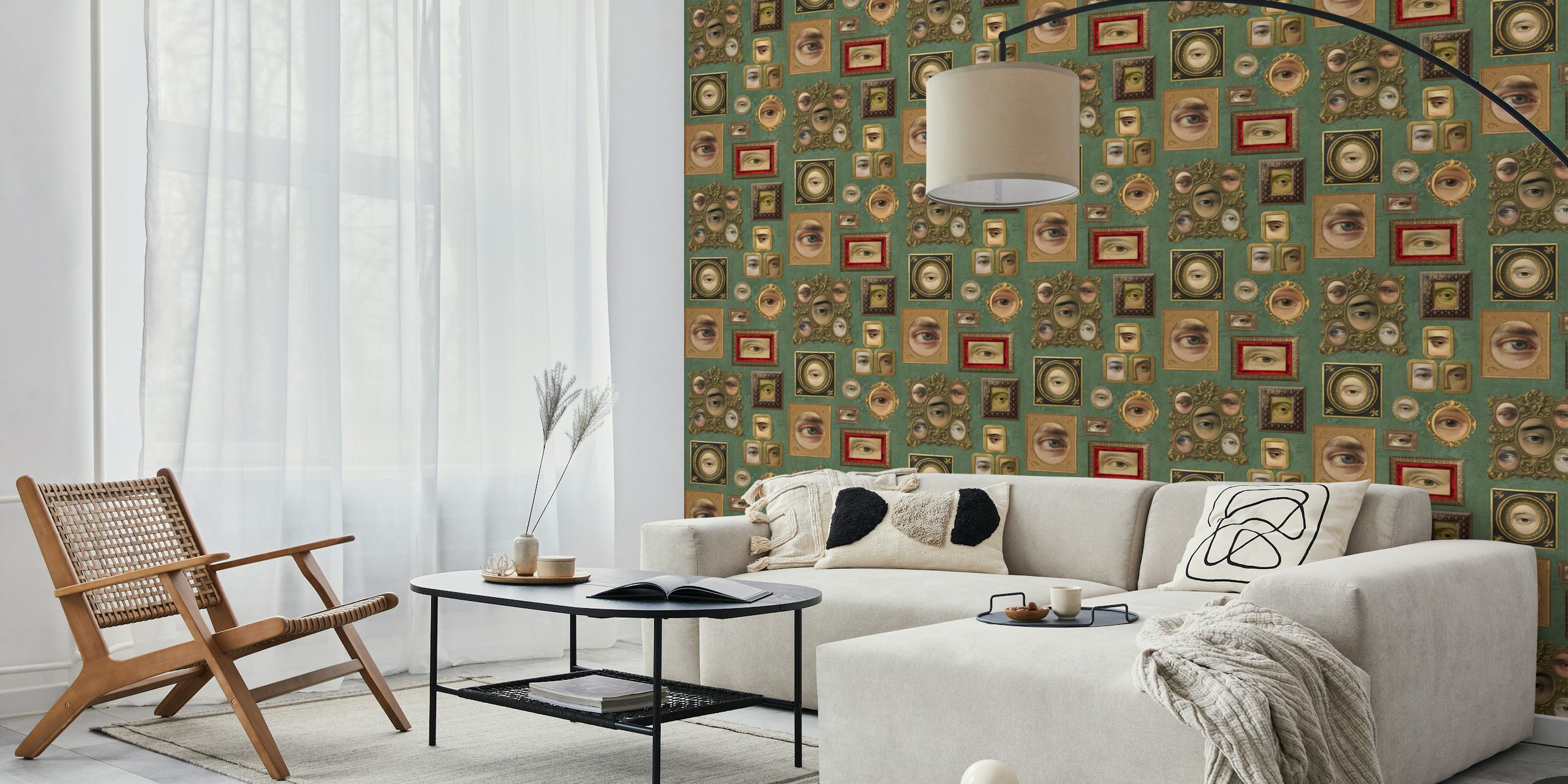 Multiple eye portraits in ornate frames on sage green wallpaper