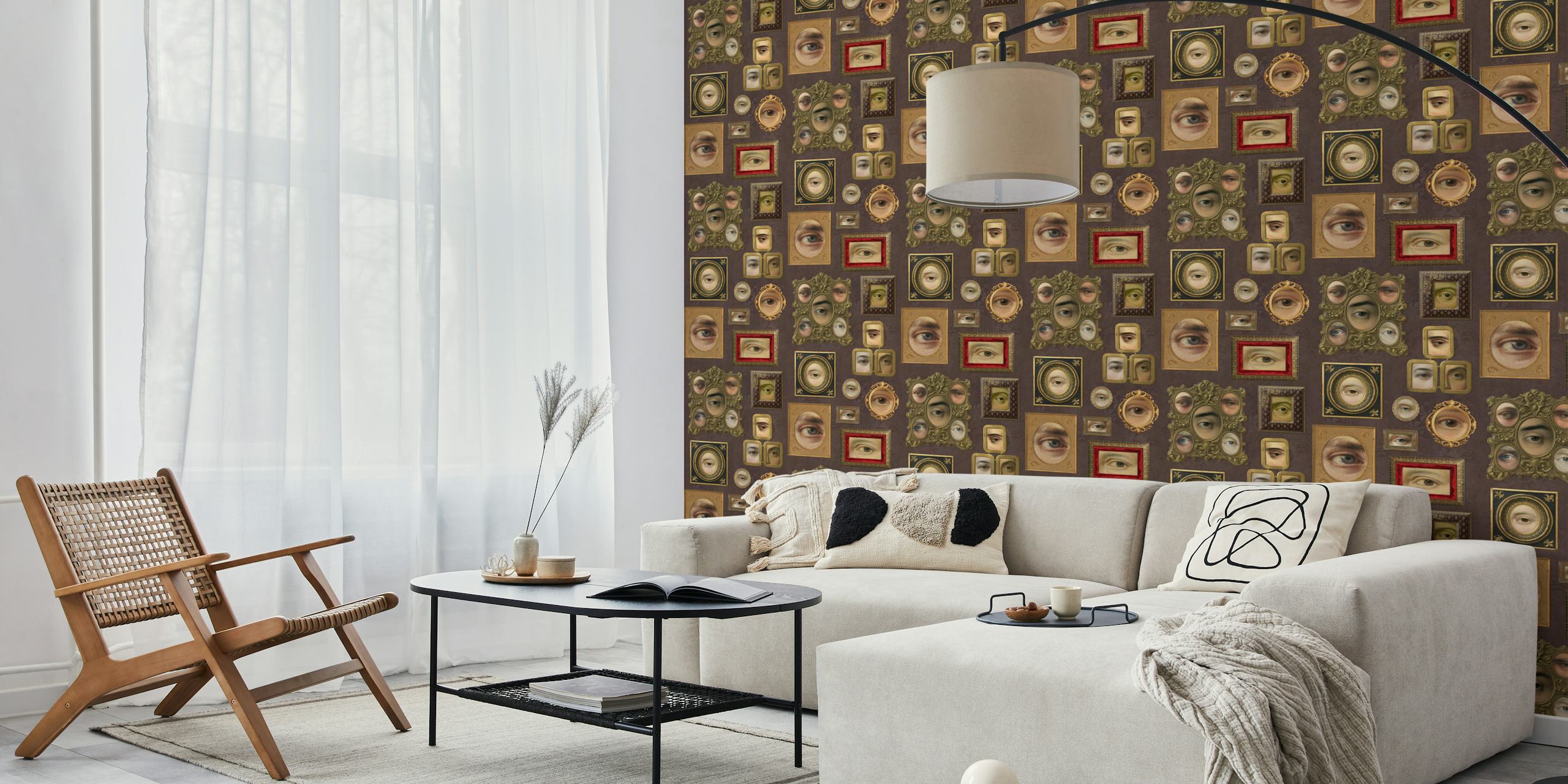 Unique Victorian portraits featuring eyes in ornate frames, brown tones wallpaper