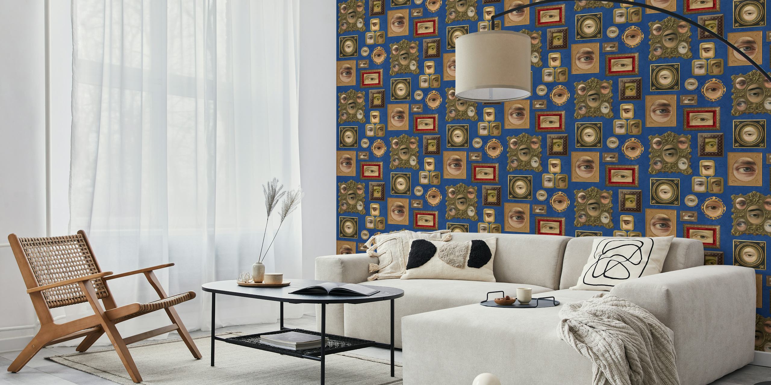 Victorian eye portraits in ornate frames against cobalt blue wallpaper