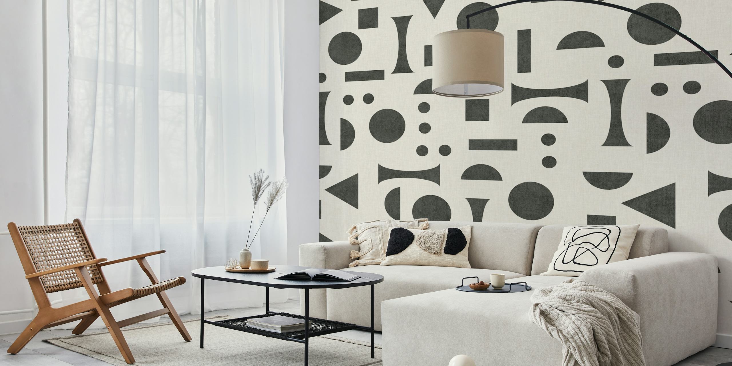 Mid-century geometric black minimal shapes behang