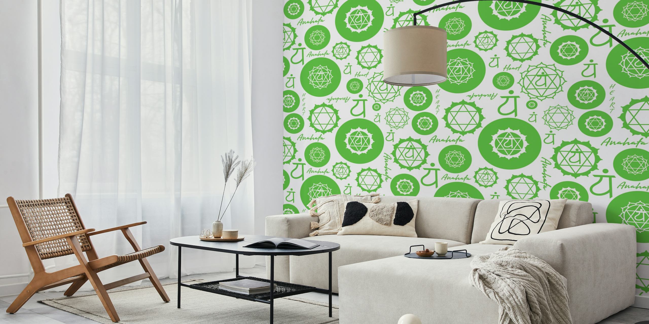 Heart Anahata Chakra pattern wall mural with green symbols and Sanskrit script on a white background