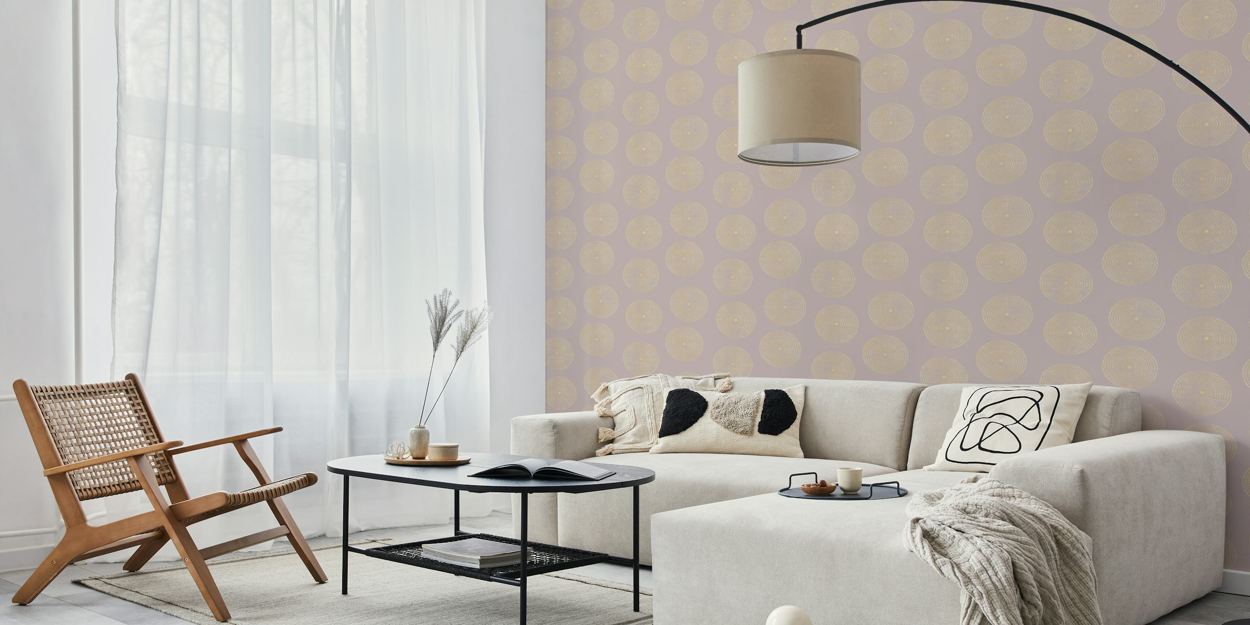 Gold circular patterns on a muted mauve background wallpaper