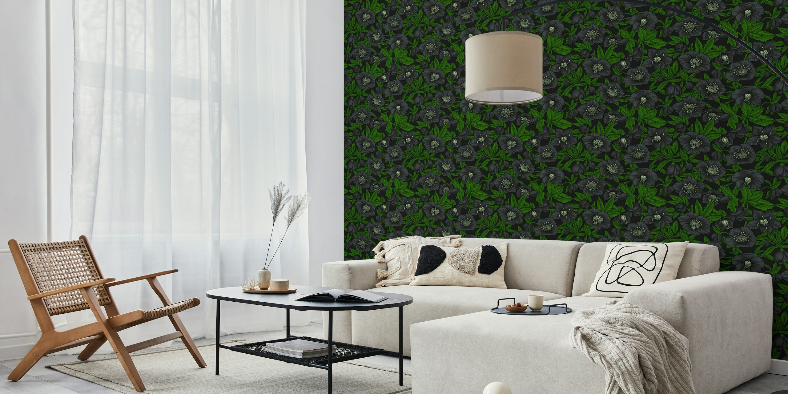 Black floral wallpaper with hellebores and green leaves in intricate design