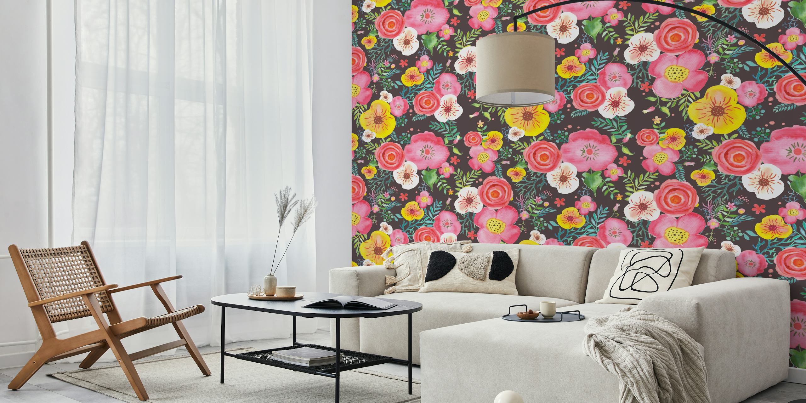 Colorful garden flowers in pink, yellow, and white on dark background wallpaper