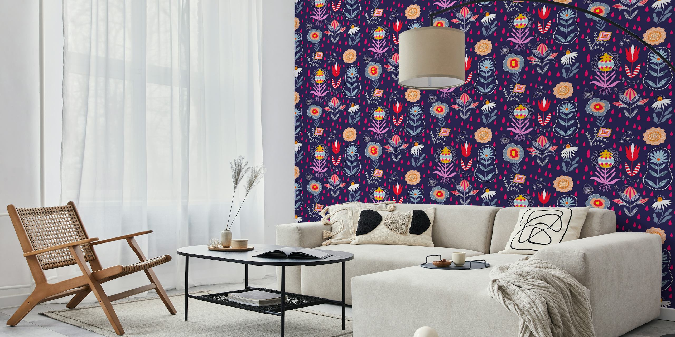 Folk floral wallpaper design in a room