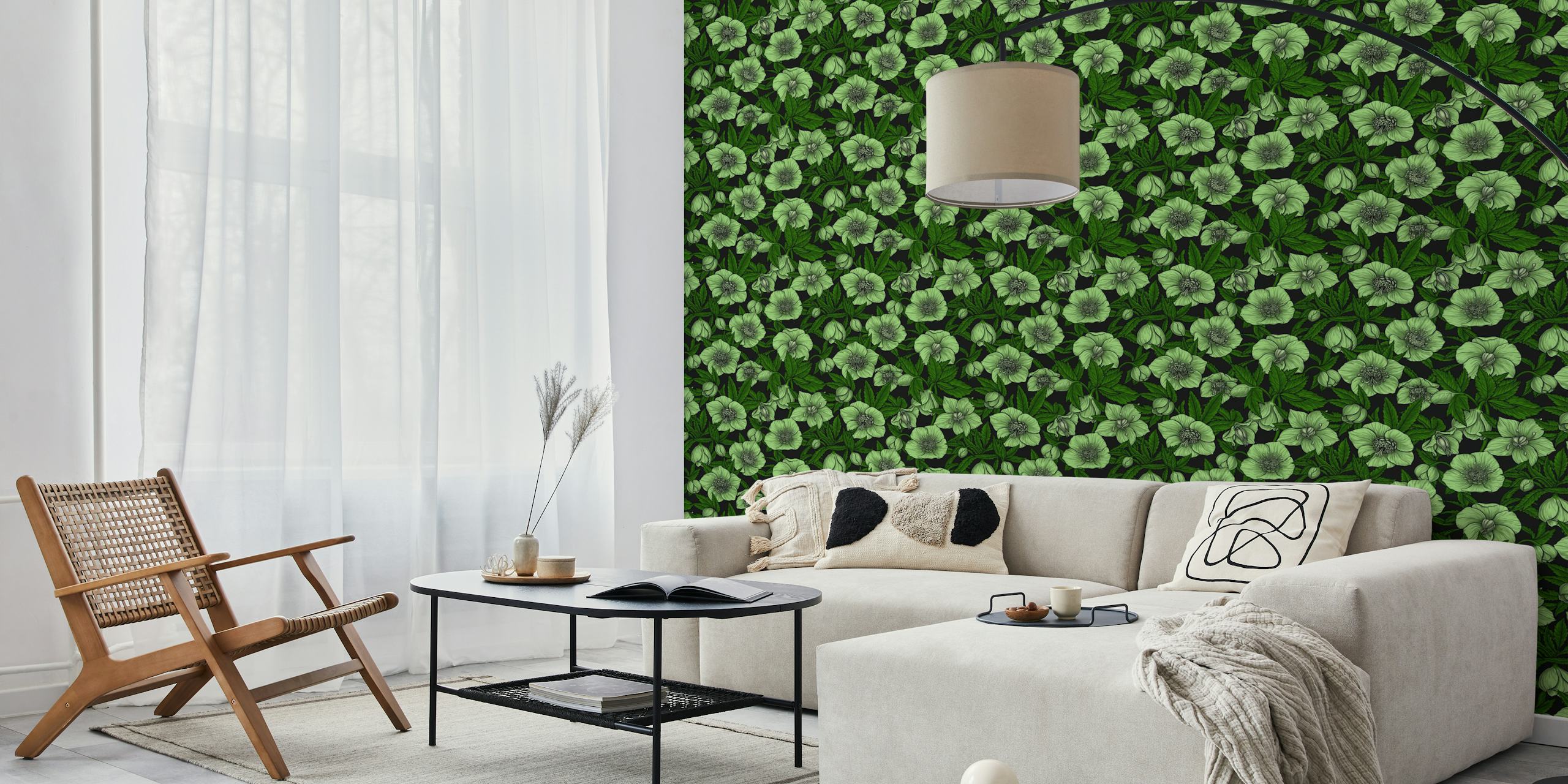 Green floral pattern with white hellebores and leaves wallpaper