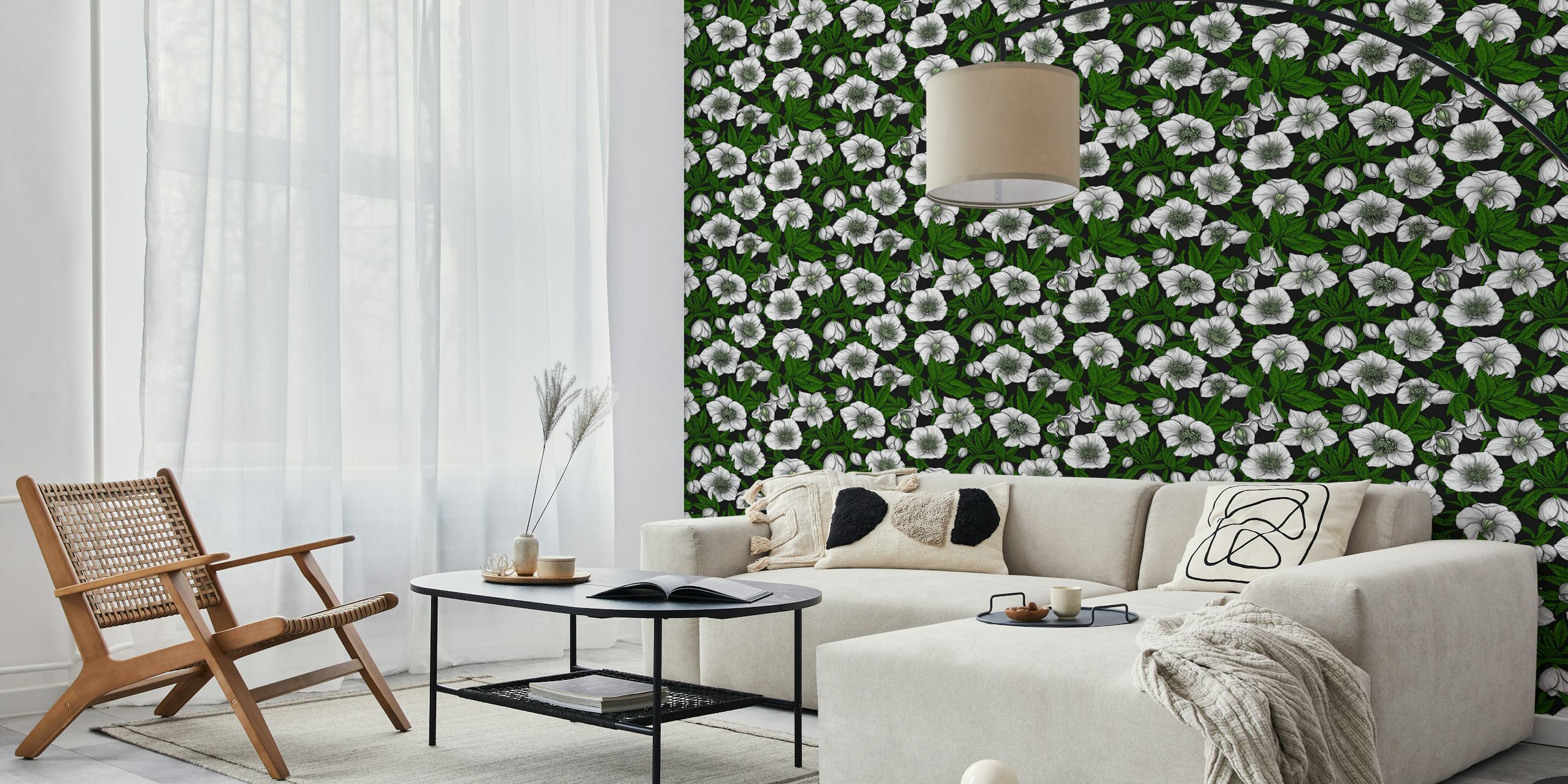 Blomster tapet med White Hellebores och gröna blad