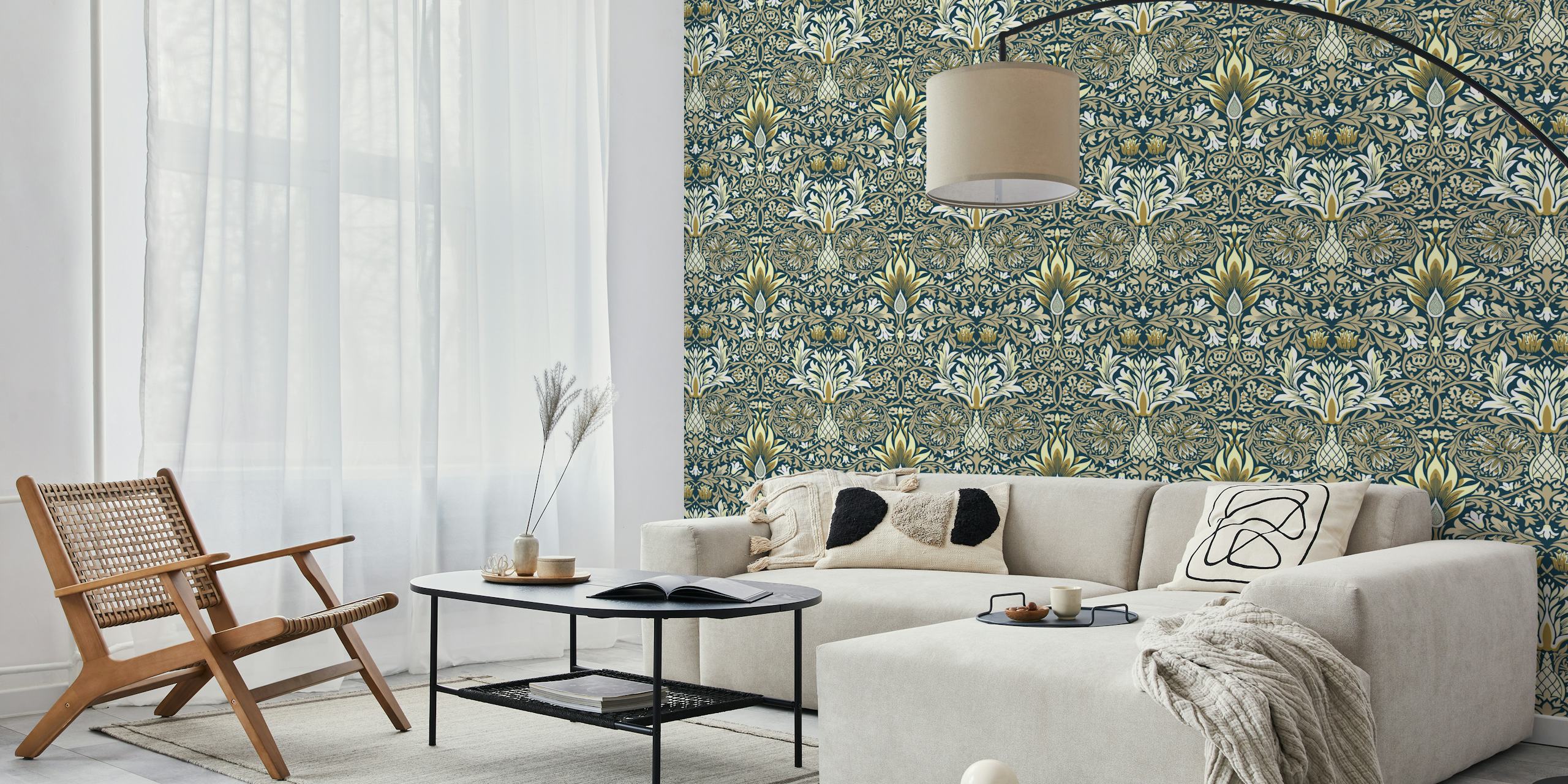 Victorian Snakeshead Pattern 3 wall mural featuring intricate botanical and serpentine motifs in navy blue and gold.