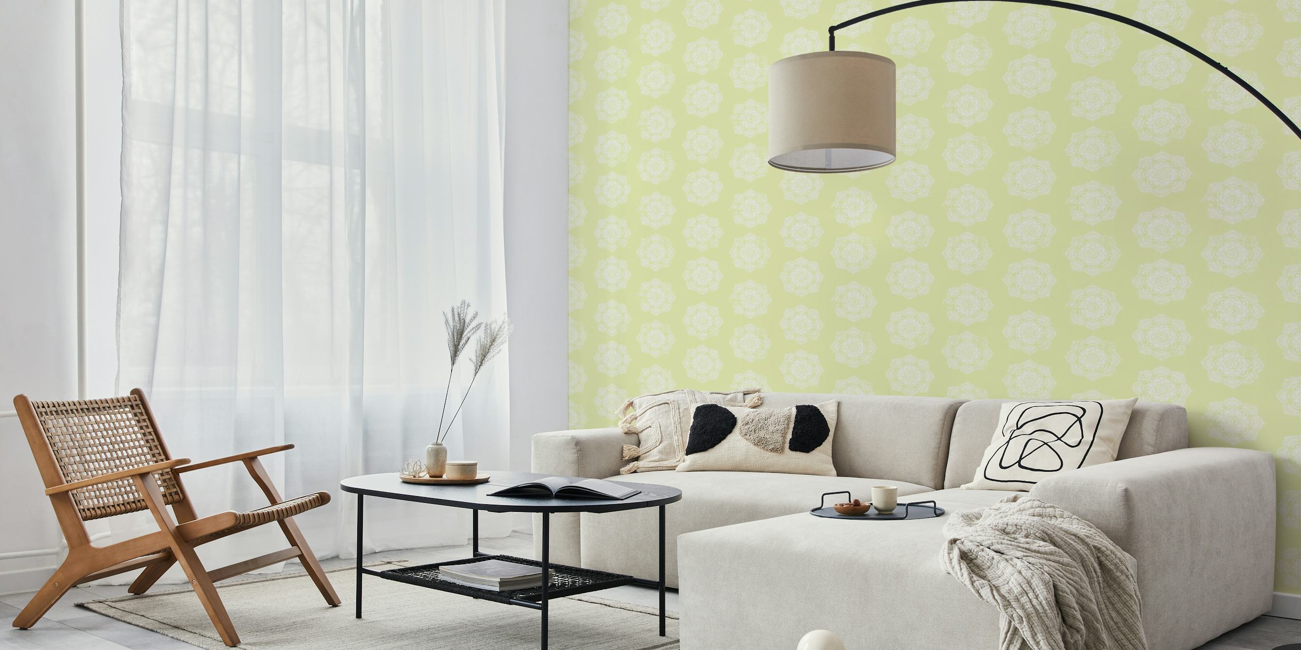 Citrus Boho Art -tapetti esillä huoneessa