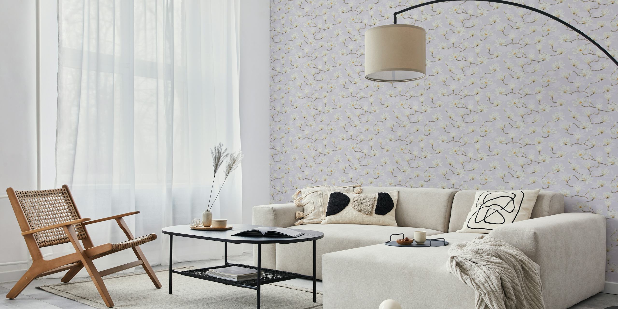 White magnolia flowers on lavender background wallpaper