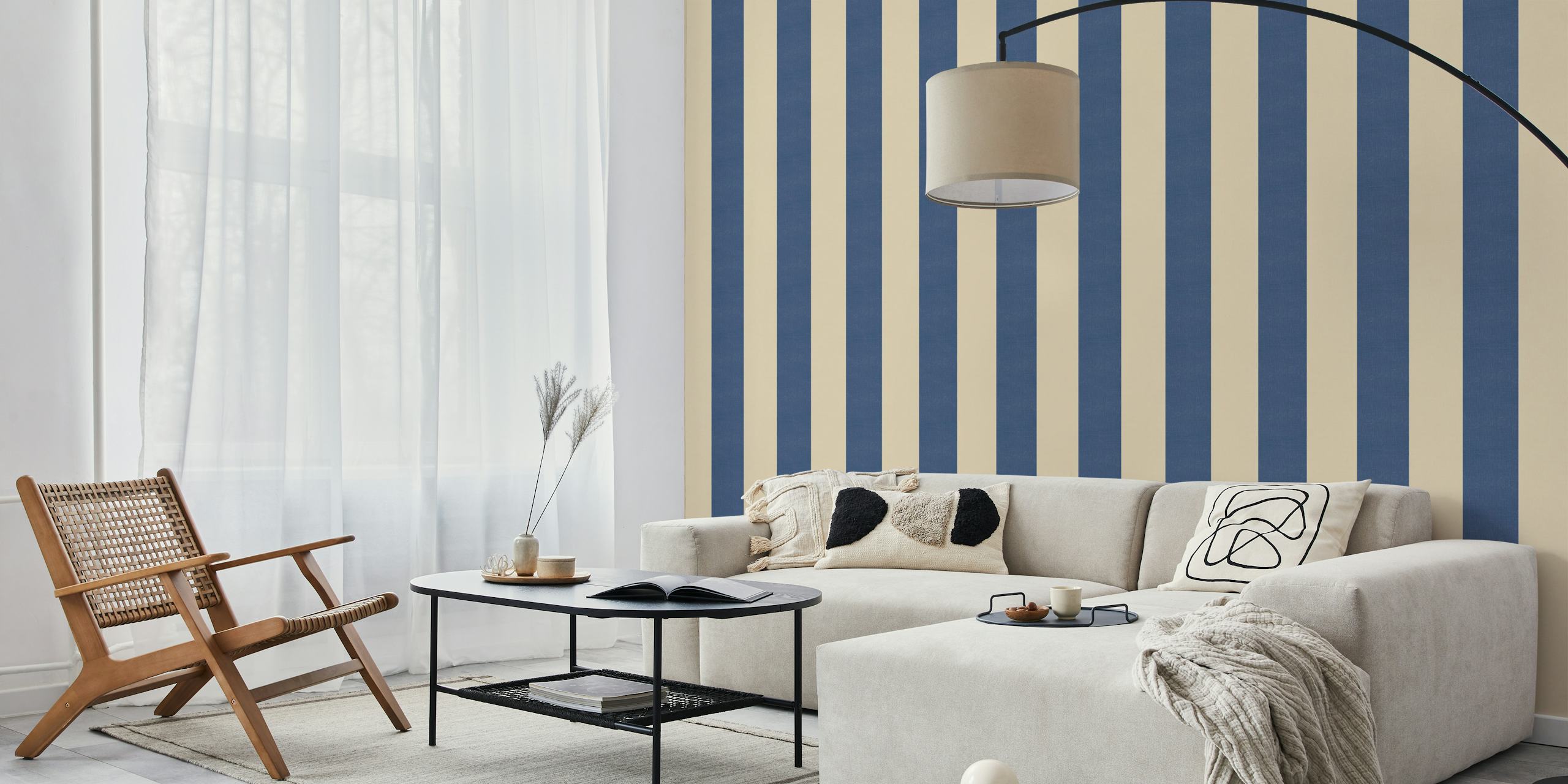 Wide textured stripes papel tapiz en navy blue y beige