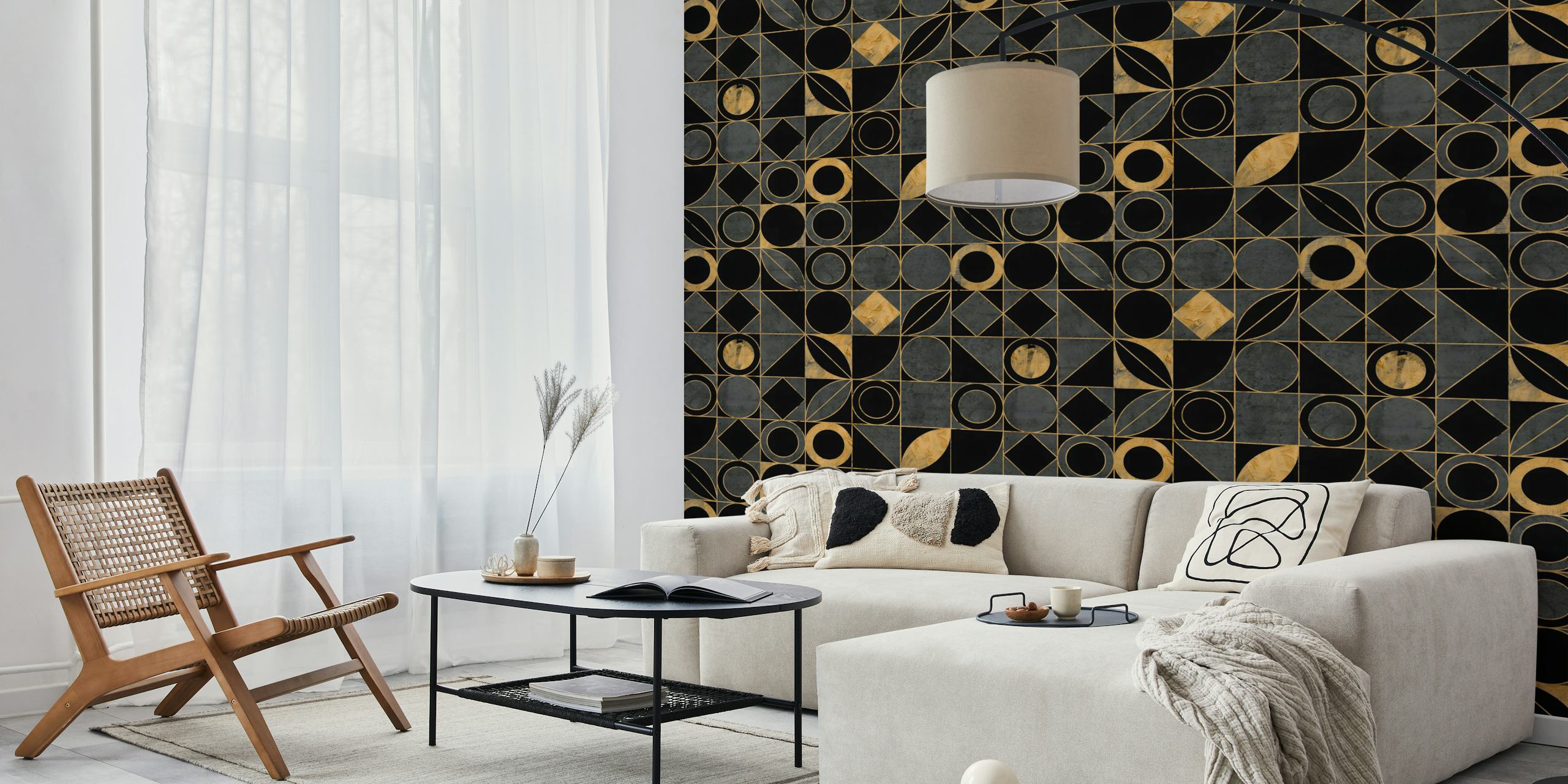 Geometric pattern with black and gold shapes wallpaper