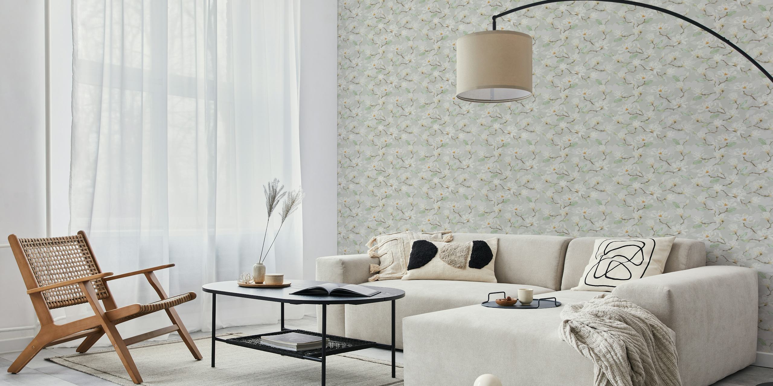Magnolia flowers with green leaves on gray background wallpaper