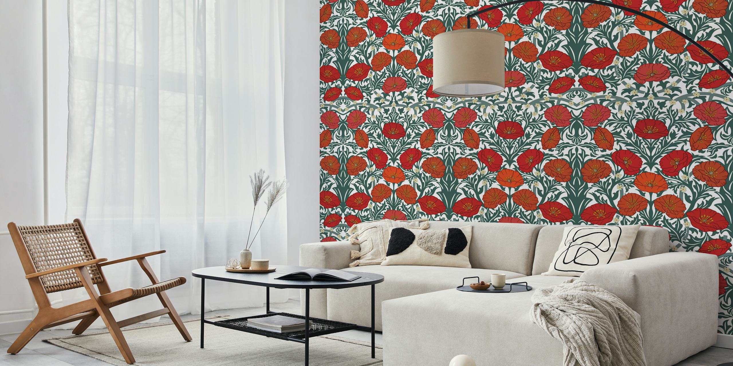 Red poppies and green leaves retro floral wallpaper