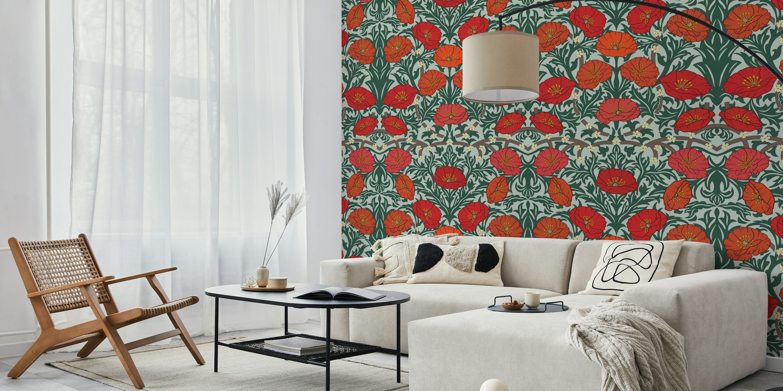Retro-style wall mural featuring red poppies and Art Nouveau motifs against a green backdrop.