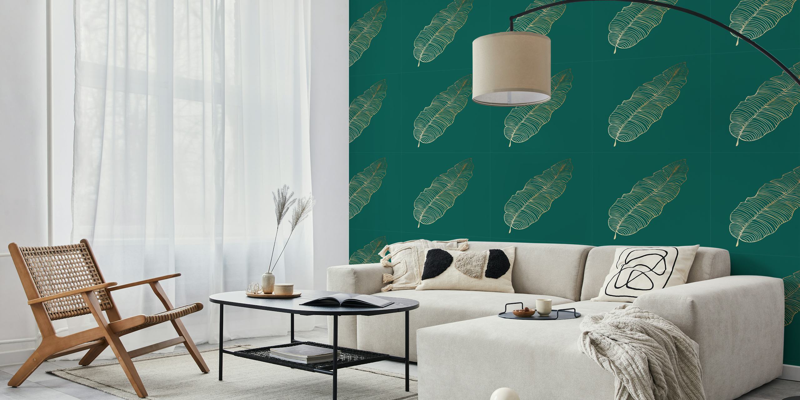 Tapeta Dark green s designem golden palm leaf