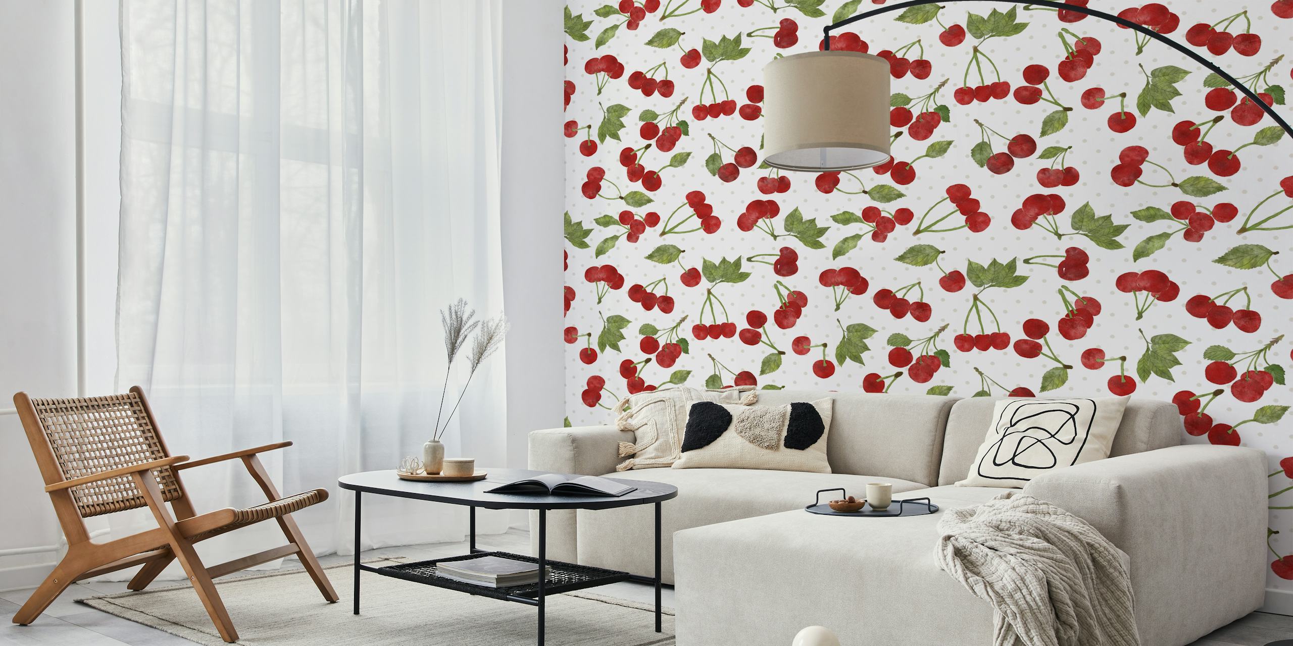Red Watercolor Cherries Tapete in einem Zimmer