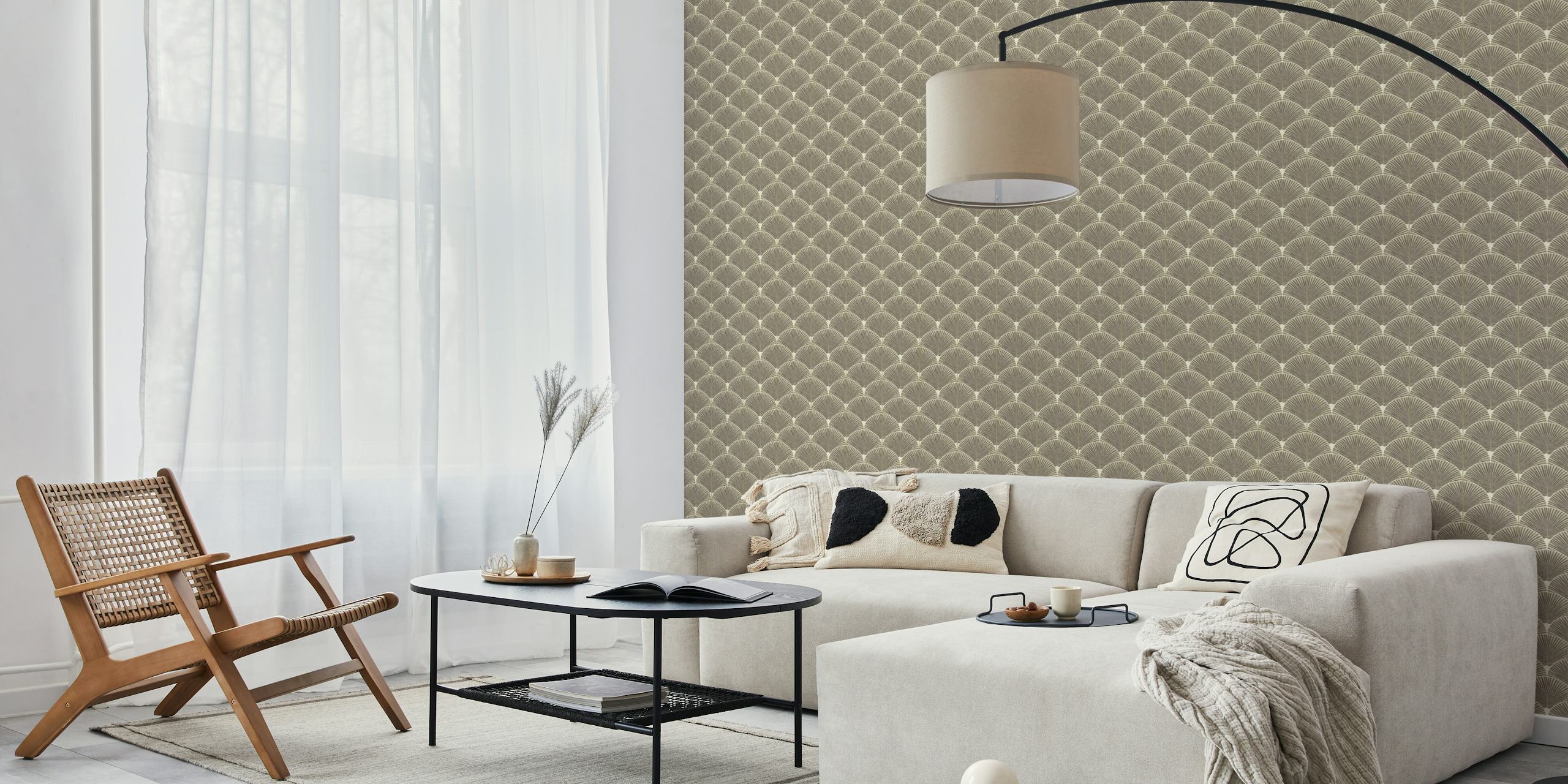 Warm neutral Japandi palms wallpaper in a room