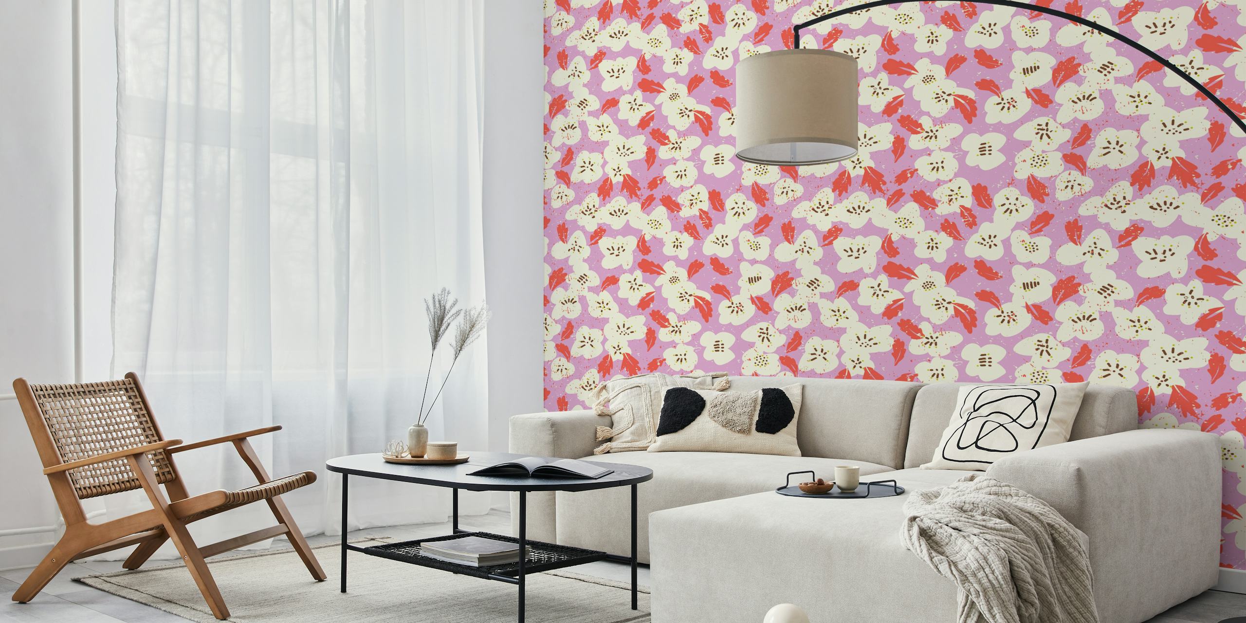 Bold floral wallpaper on chalky pink background