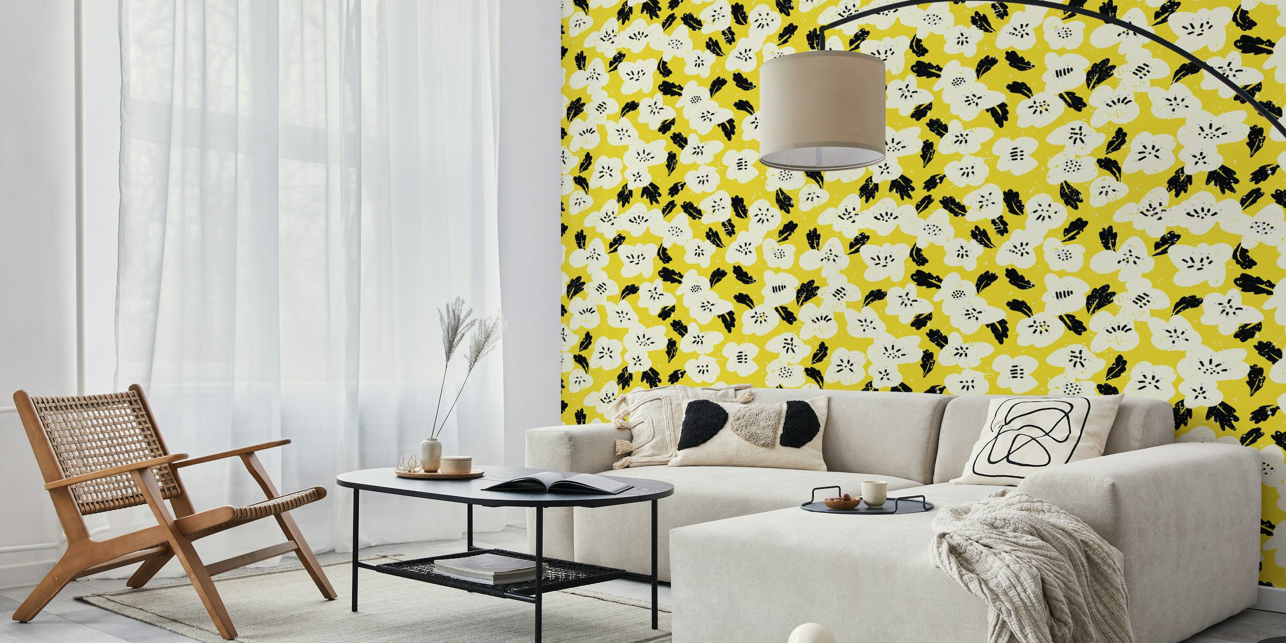 Bold flowers on yellow wallpaper in a room