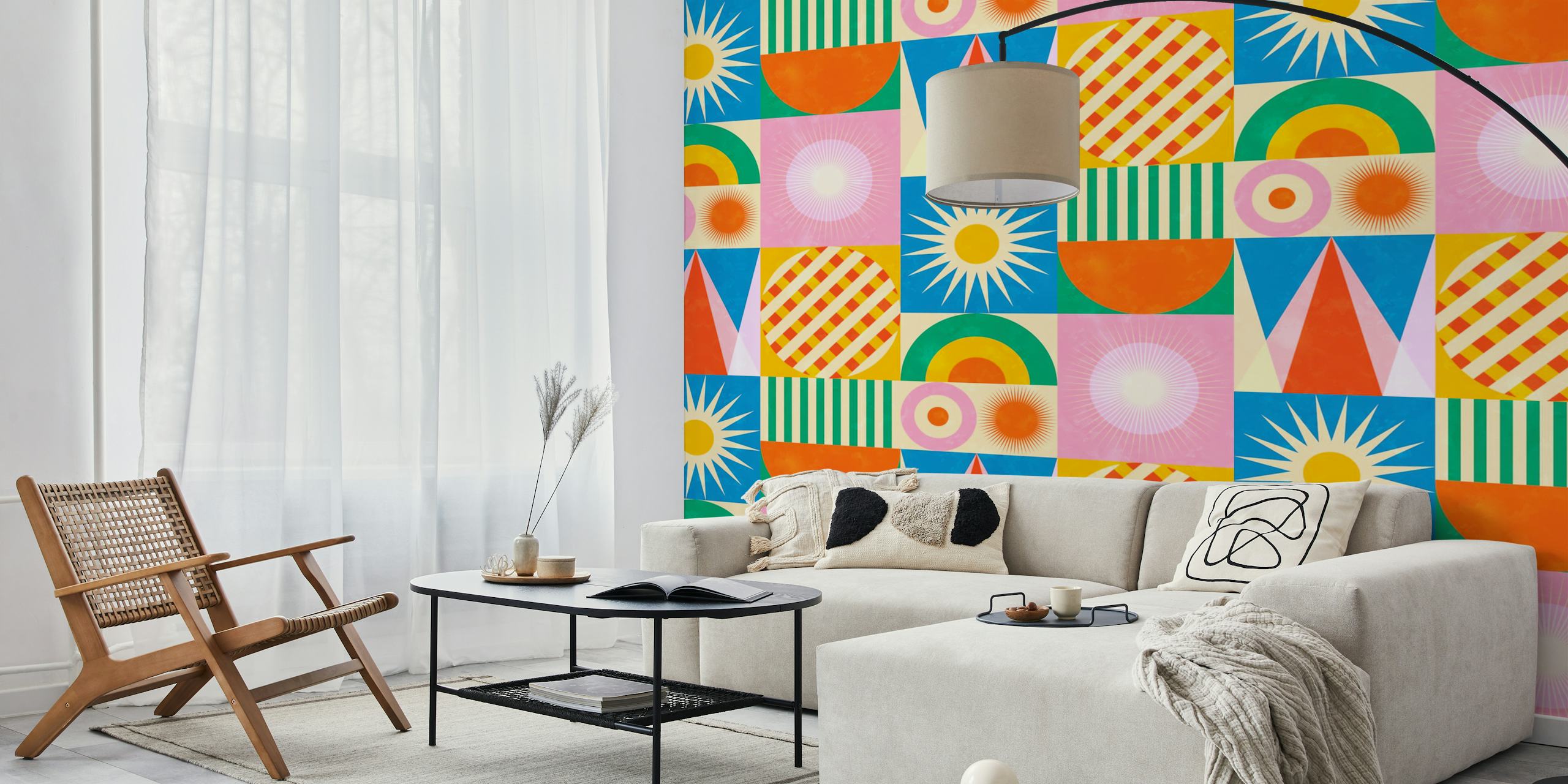 Colorful geometric pattern with vibrant shapes and colors wallpaper