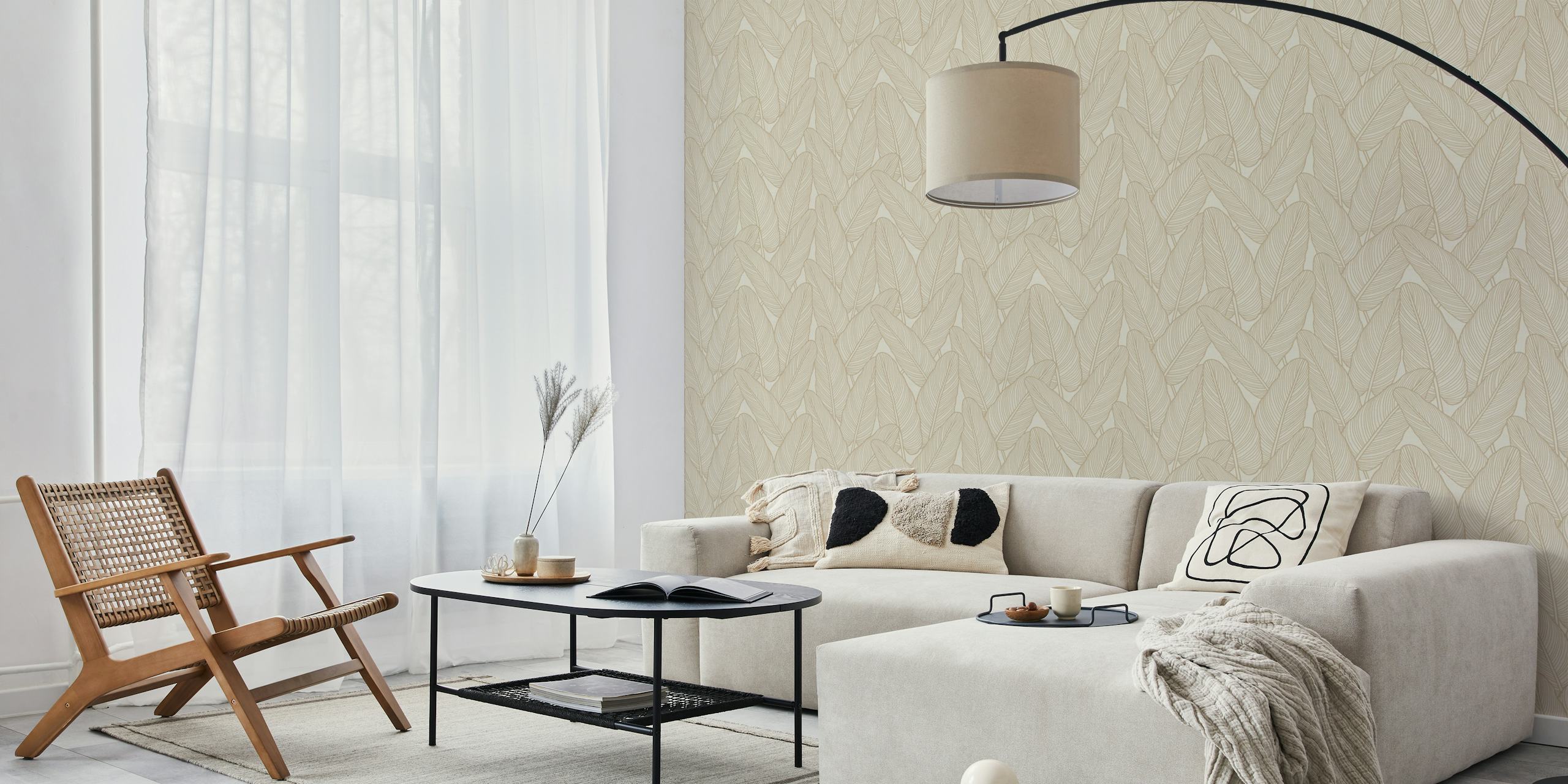 Line art leaves in warm beige tones minimalist wallpaper