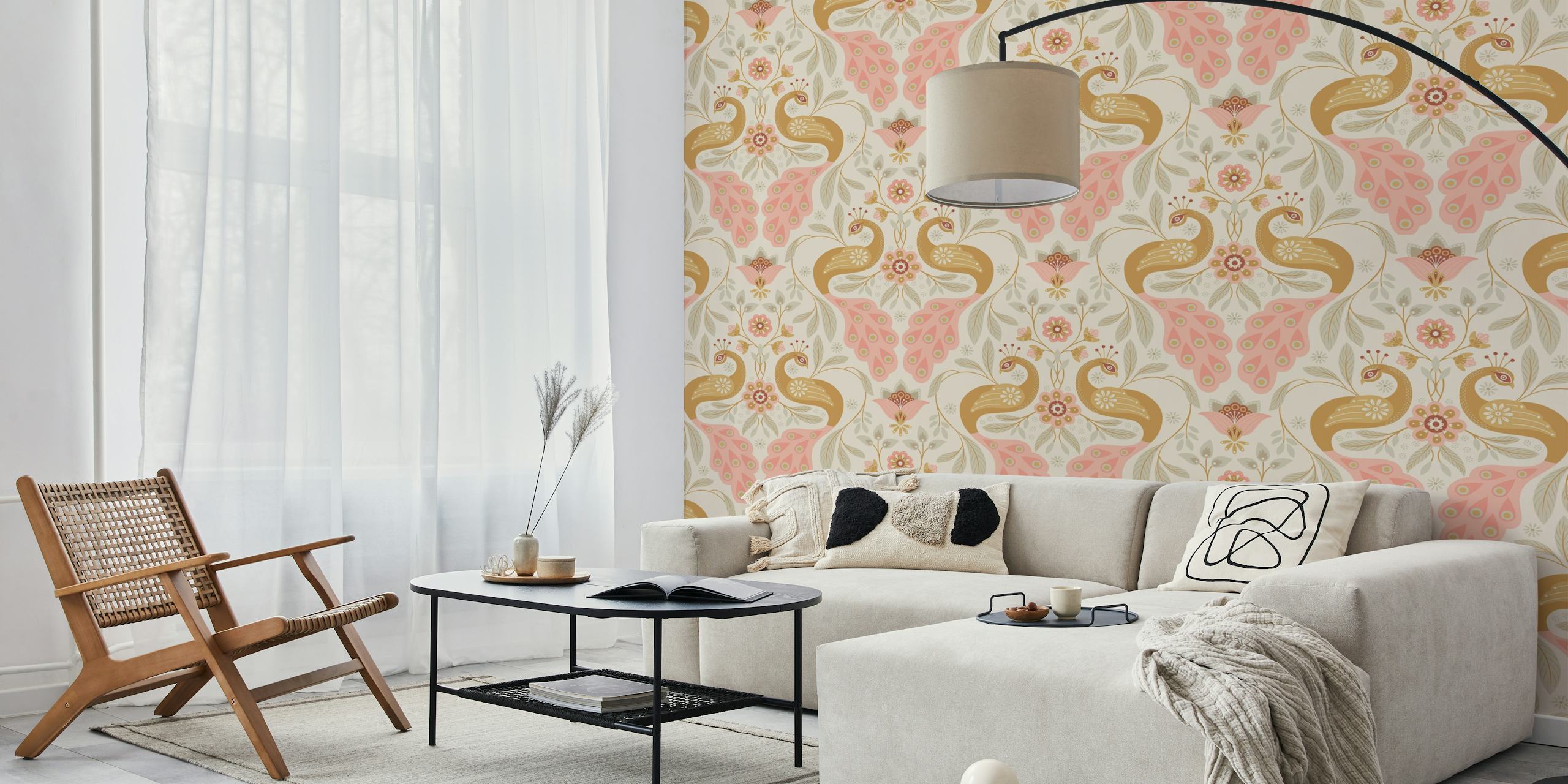 Pastelni zidni mural u obliku pauna elegantnog dizajna za uređenje doma.