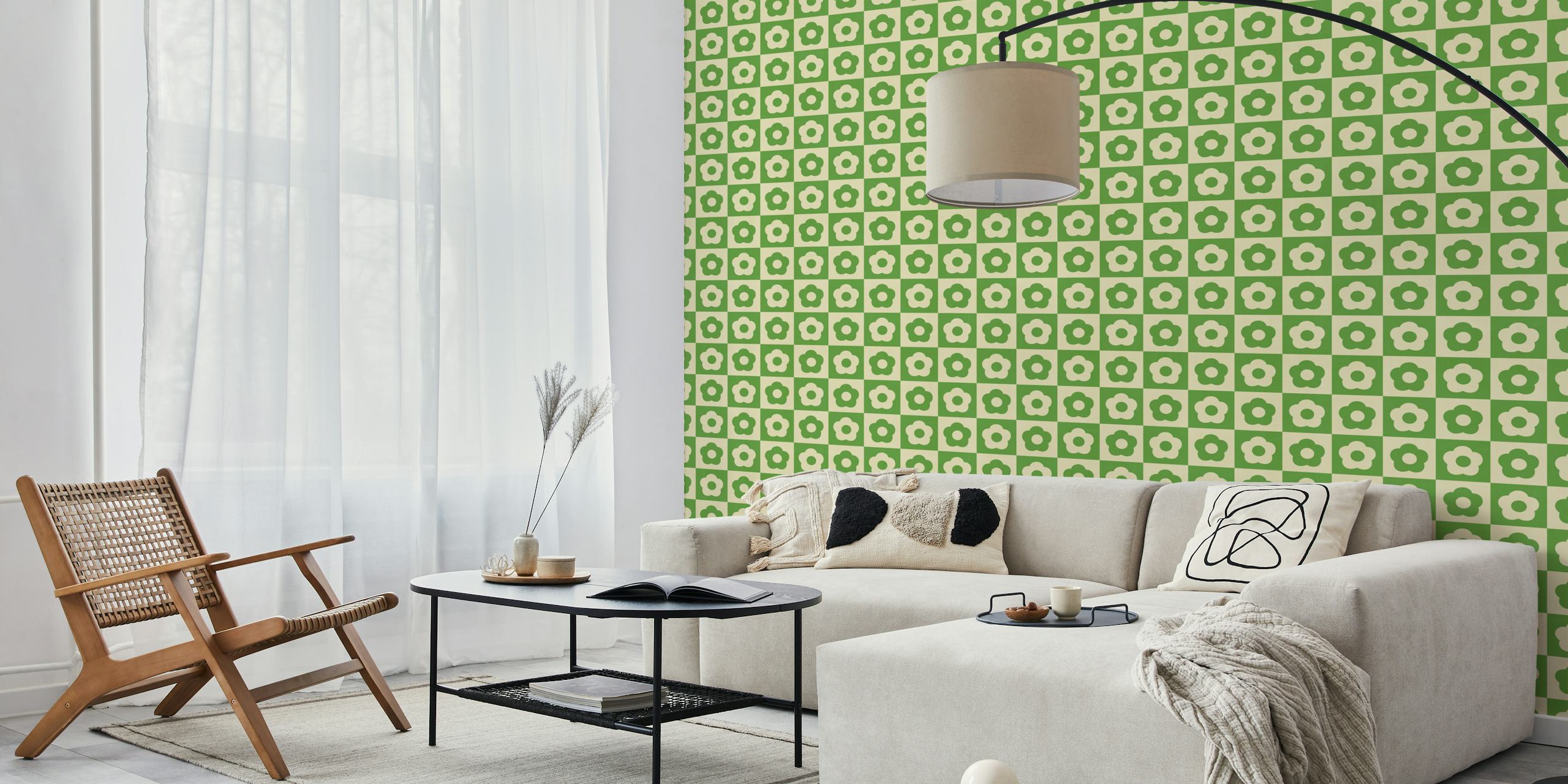 Motif floral rétro sur damier vert et crème wallpaper