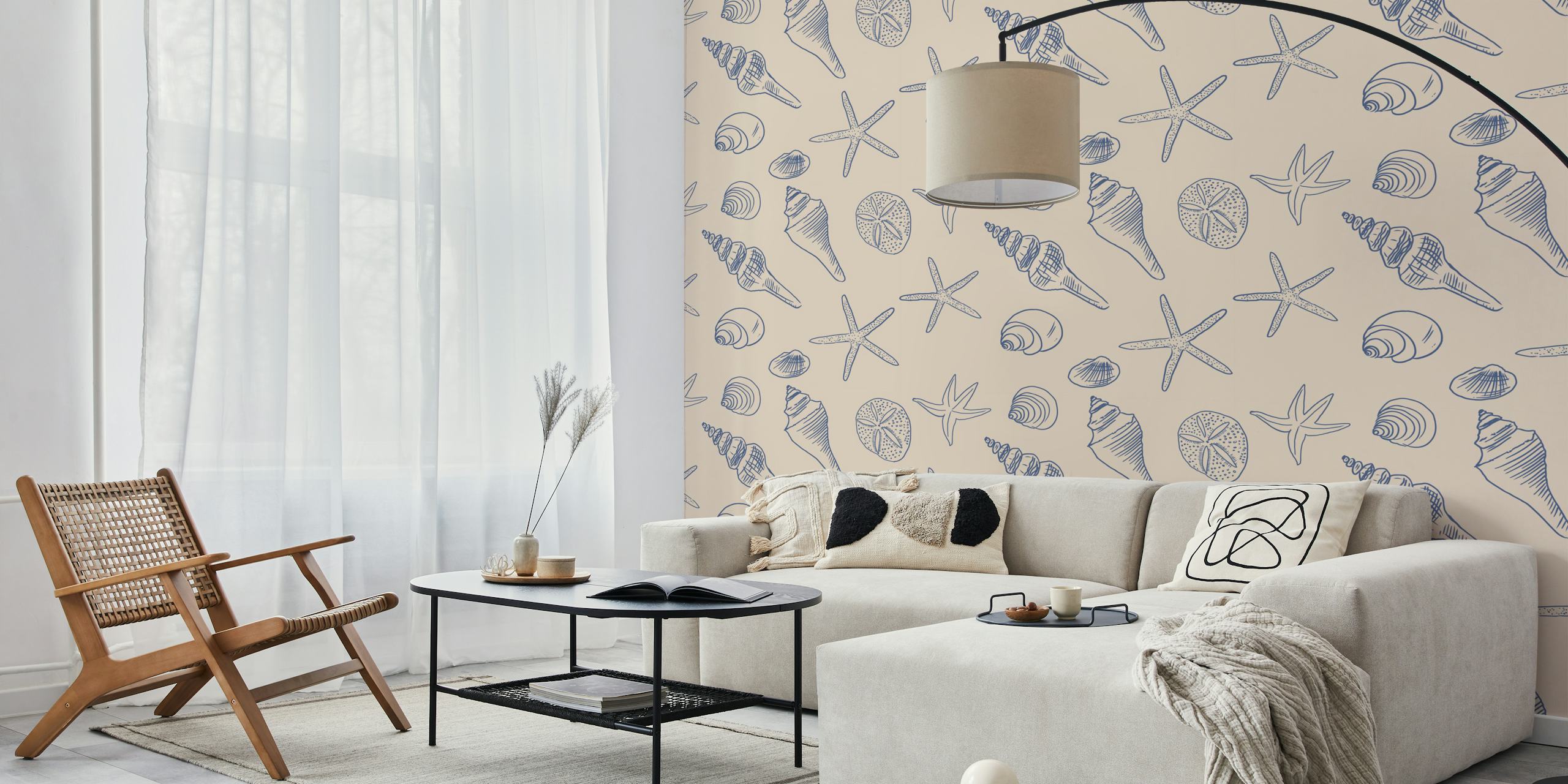 Seahorse and shell patterns in blue on ivories wallpaper