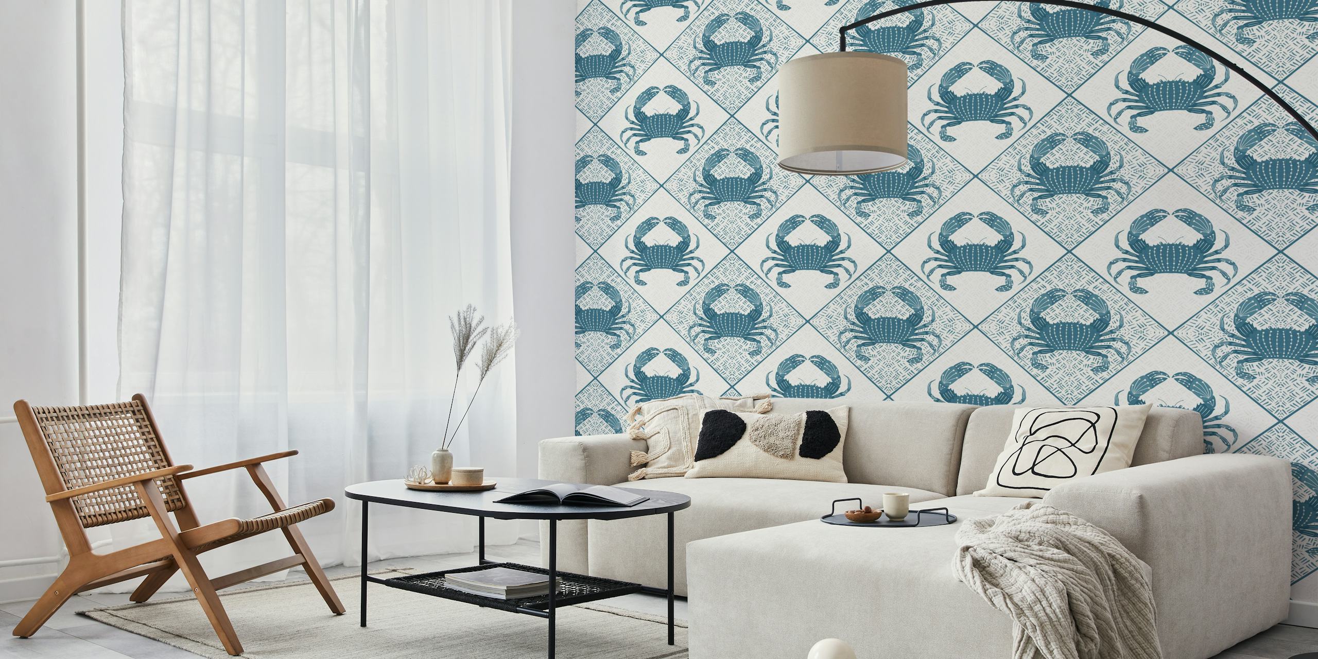 Stylized blue crabs in a symmetrical pattern on a wall mural.