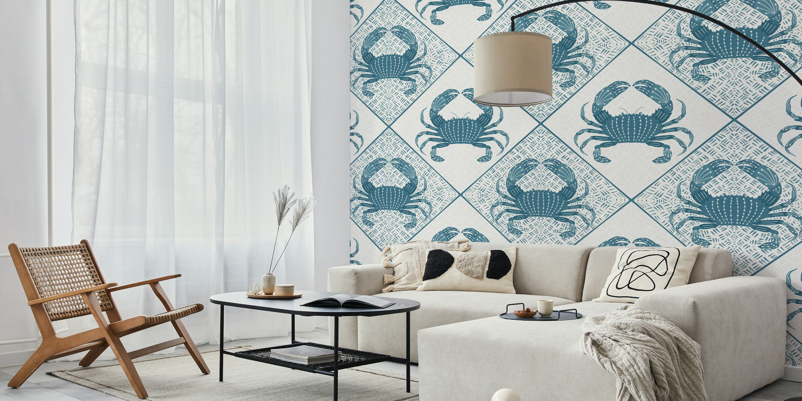 Blue Crab Cove wall mural featuring symmetrical crab motifs in blue and white.
