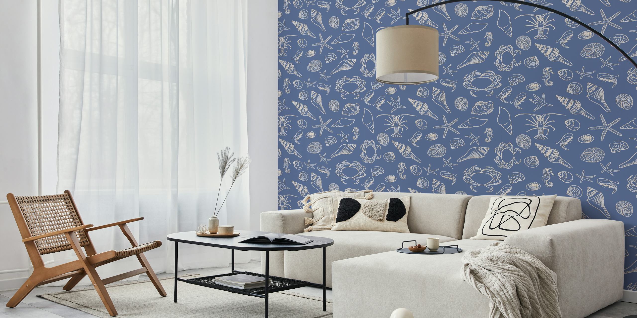 Seahorse, crab, and shell patterns on blue wallpaper