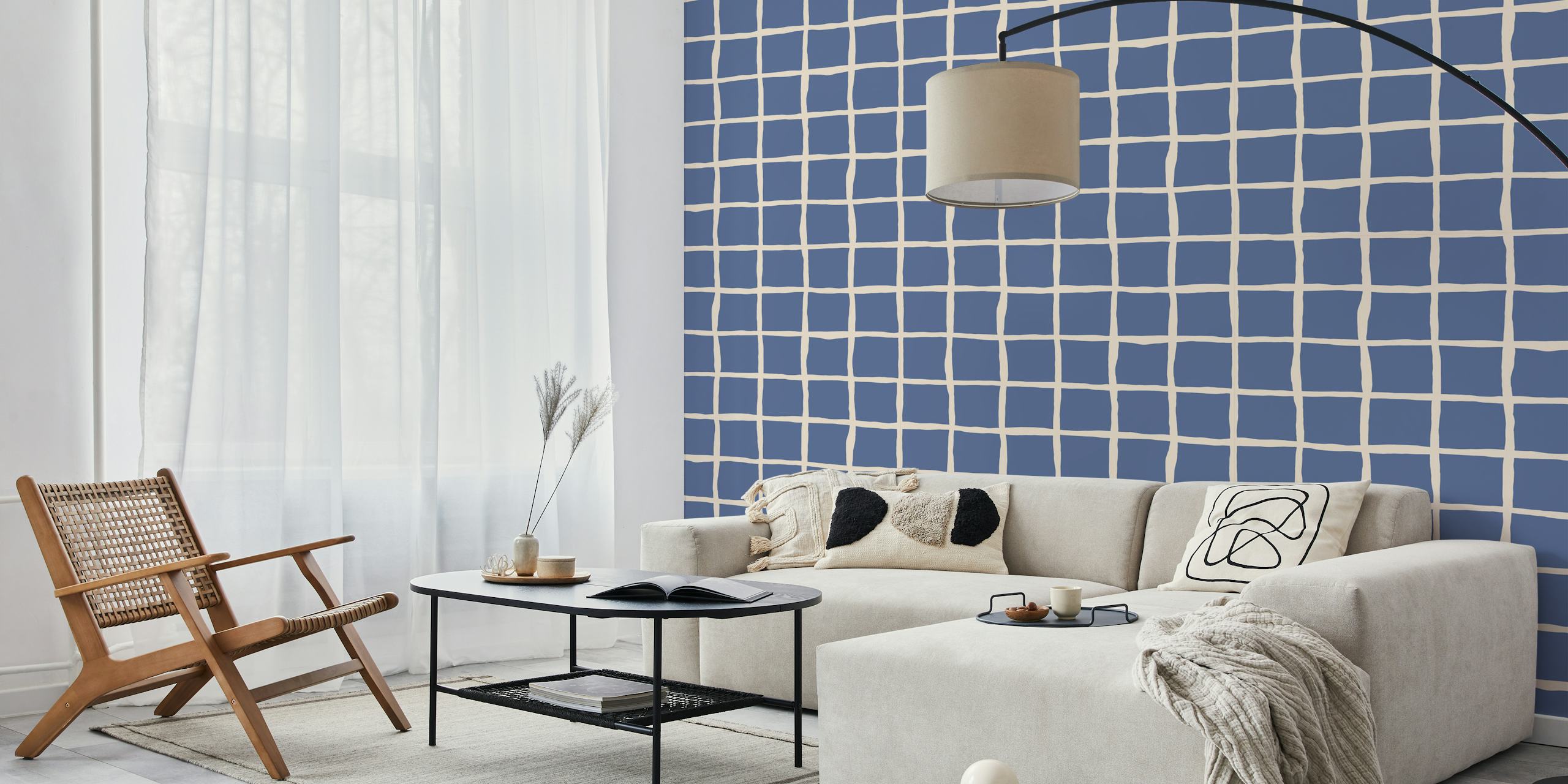 Papel tapiz Nautical blue checkers grid en una habitación