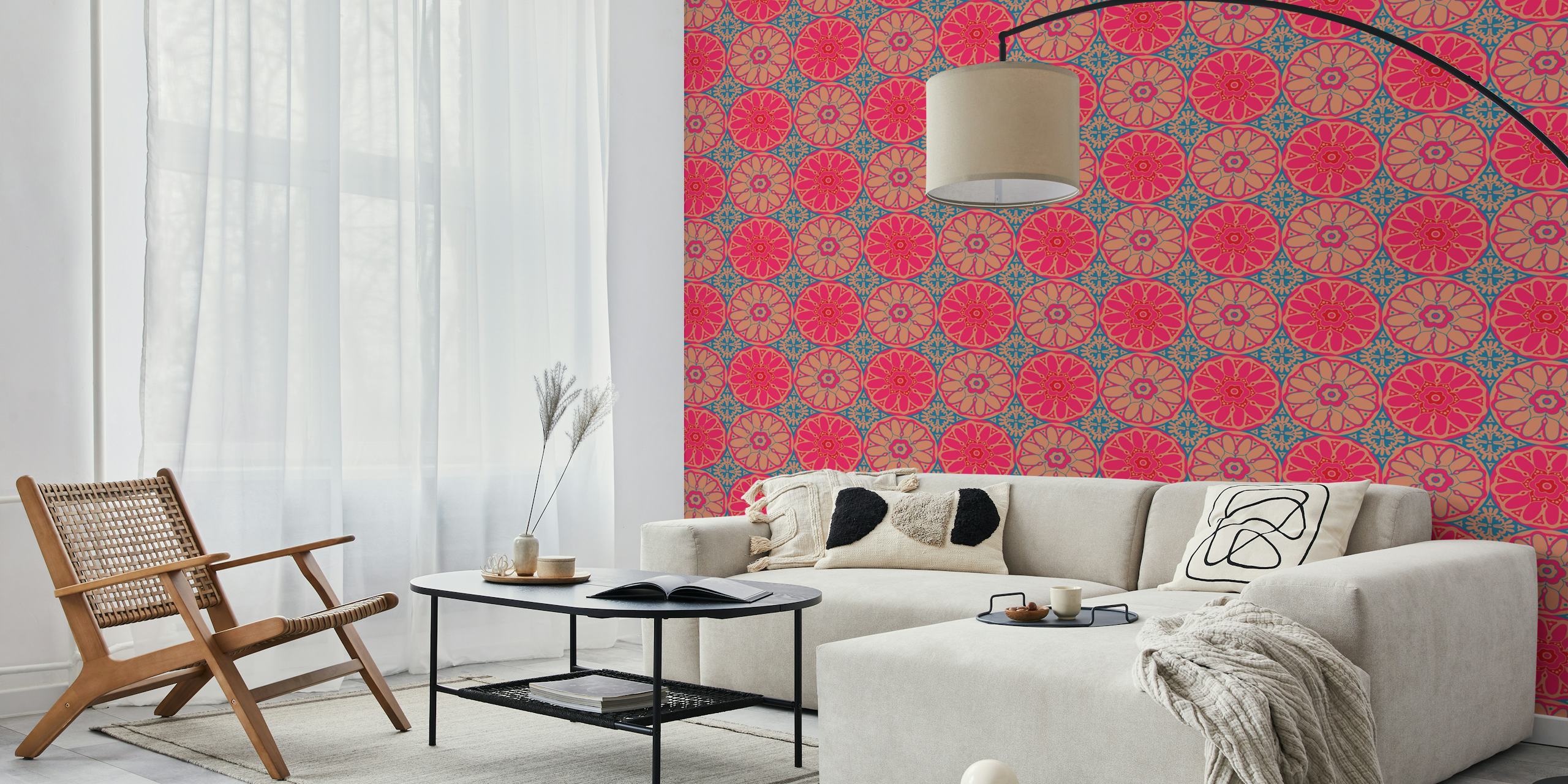 Pink blue mandala wallpaper in a stylish room