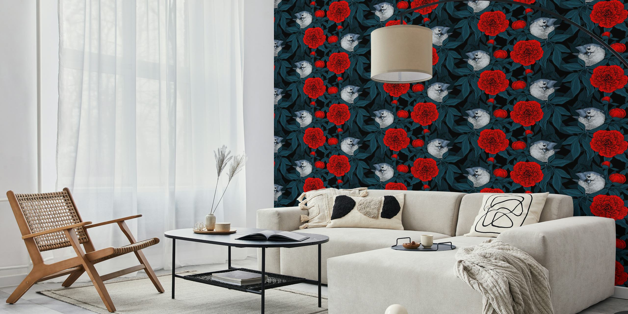 Wallpaper featuring birds and red peony flowers