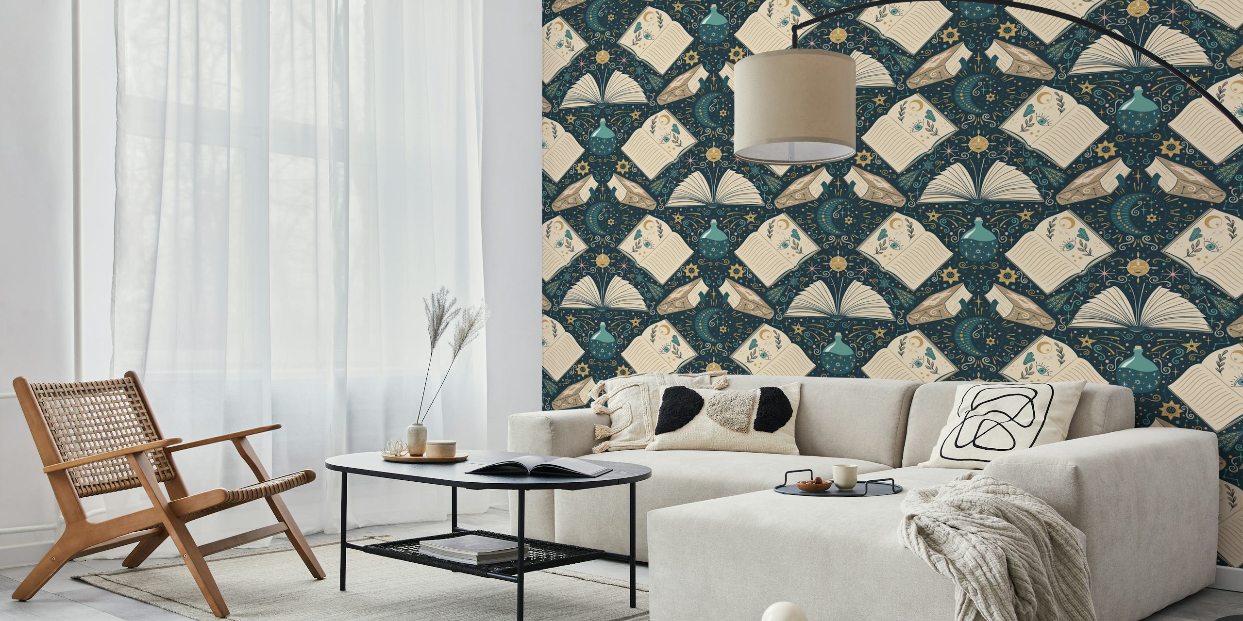 Celestial books wallpaper design i et rum
