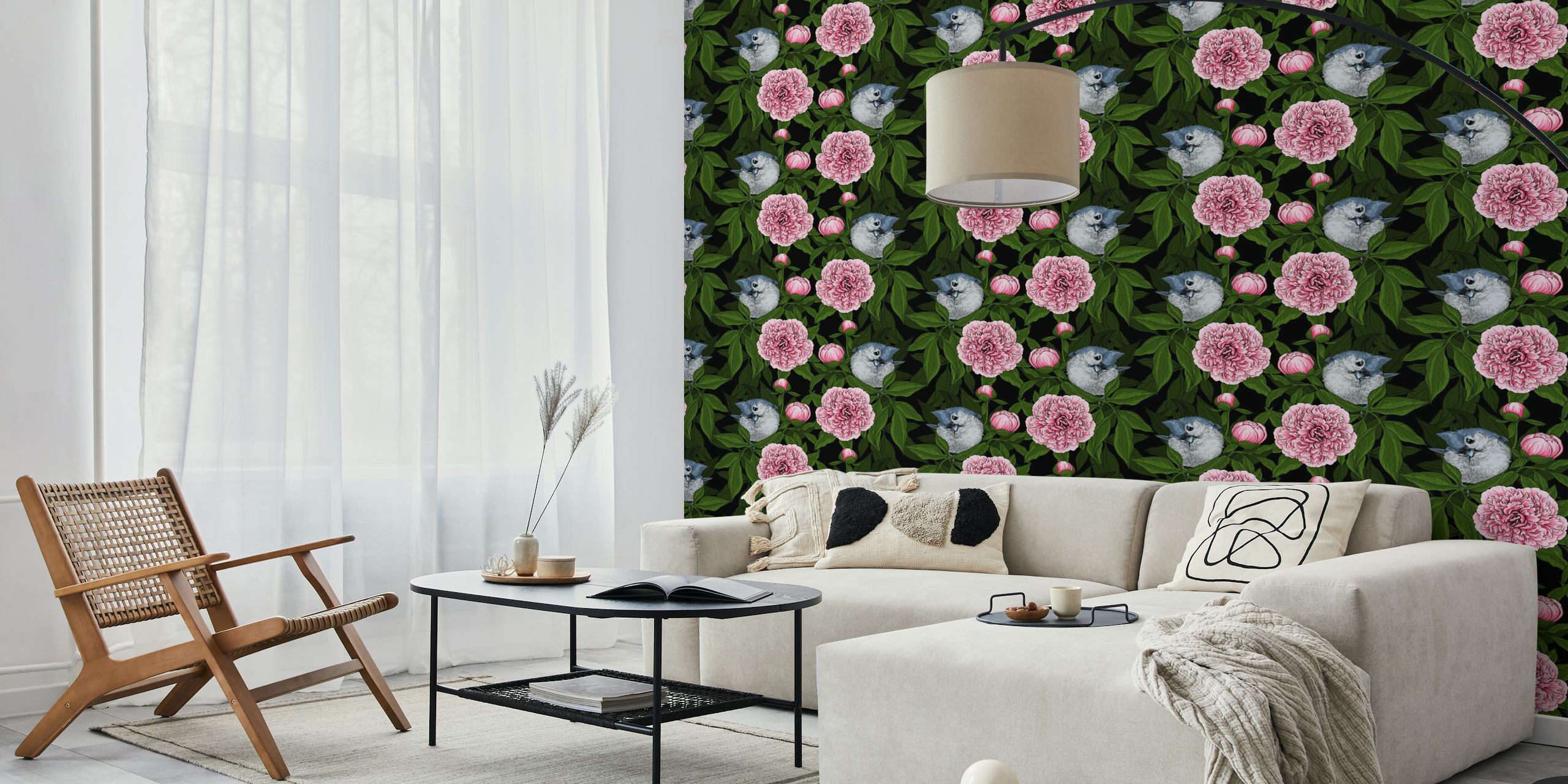 Birds and pink peony flowers τοίχος με σκούφο φόντο