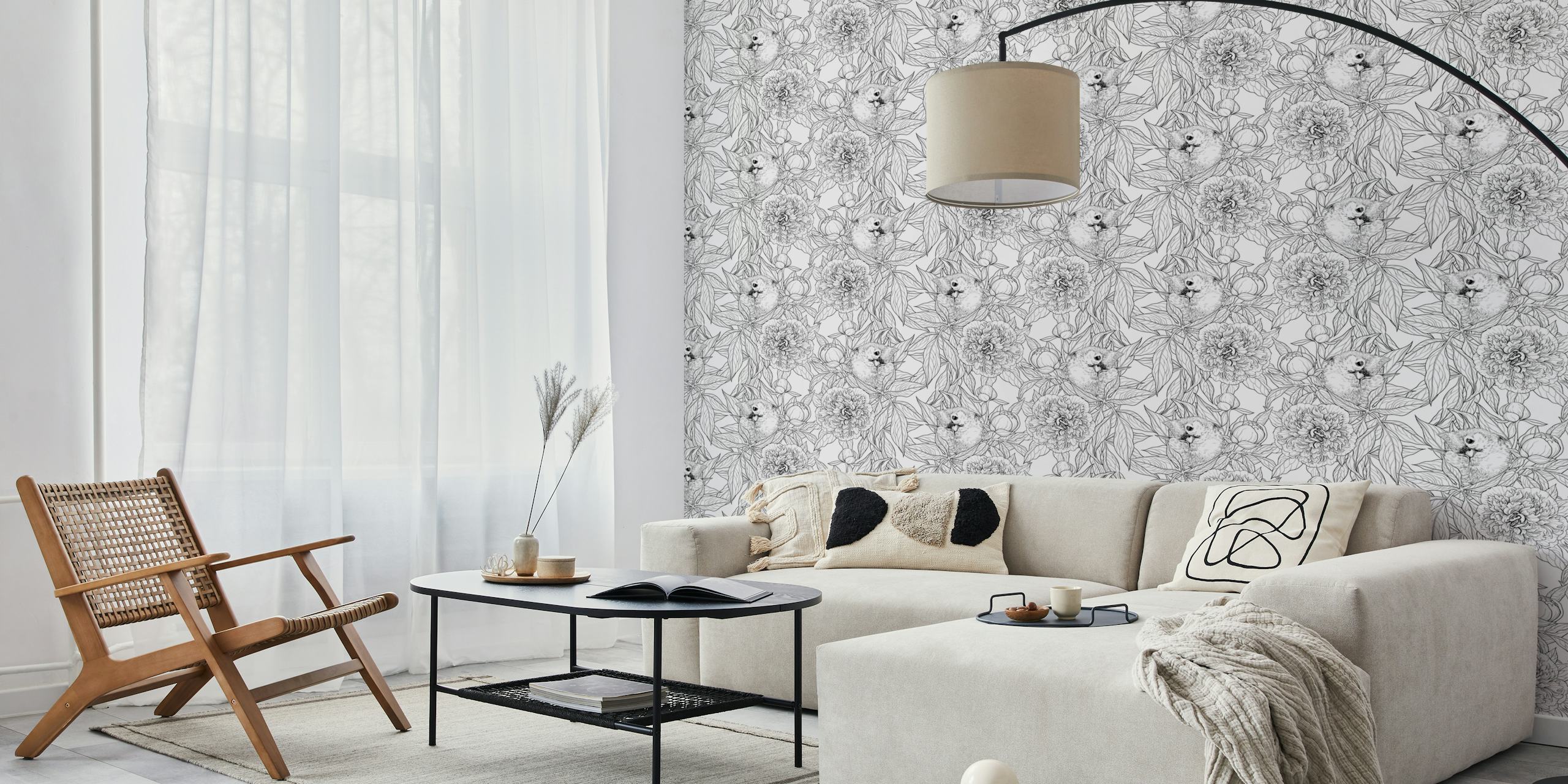 Birds and peony flowers in black and white wallpaper