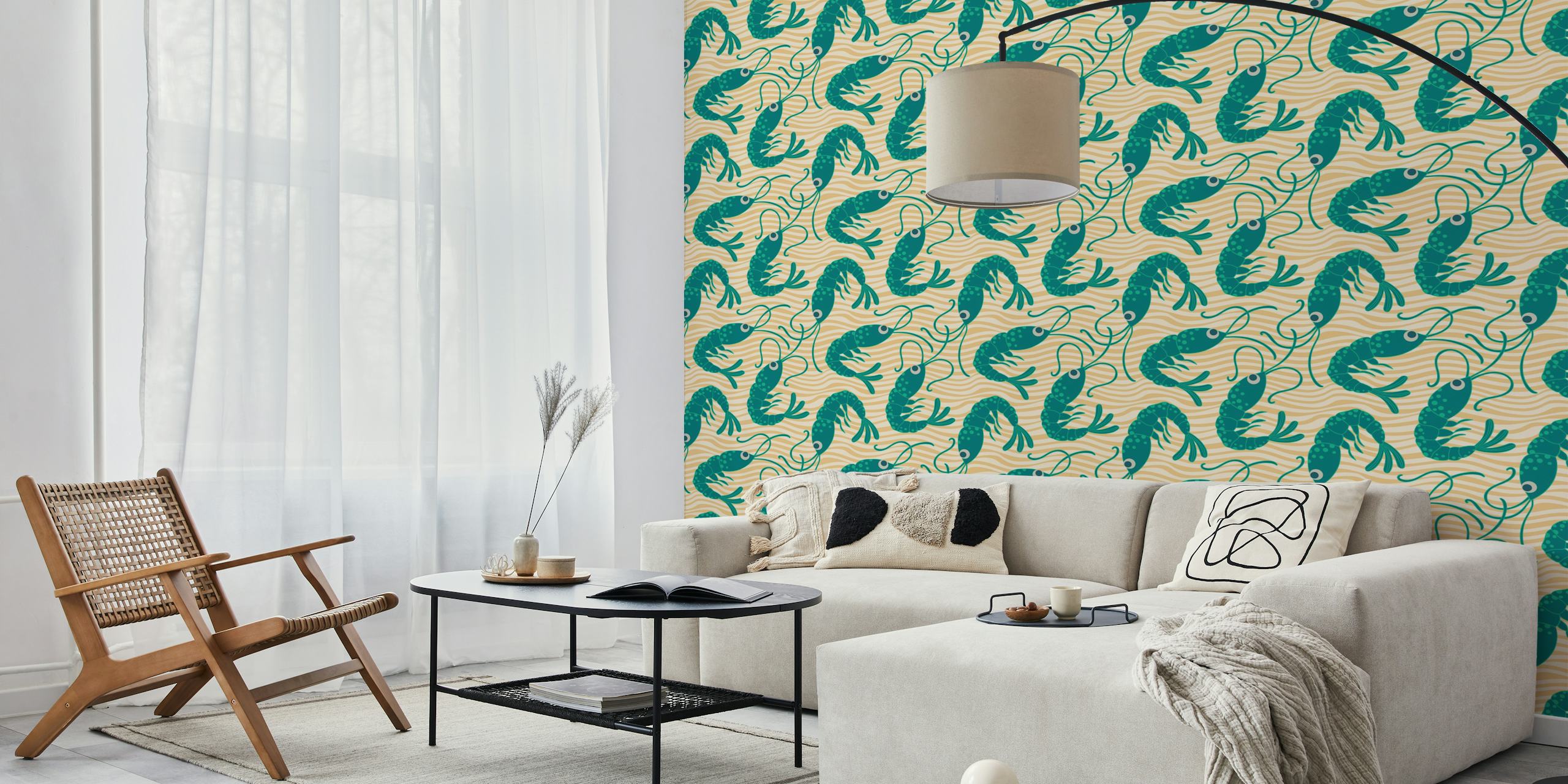 Green shrimps on textured beige background wallpaper