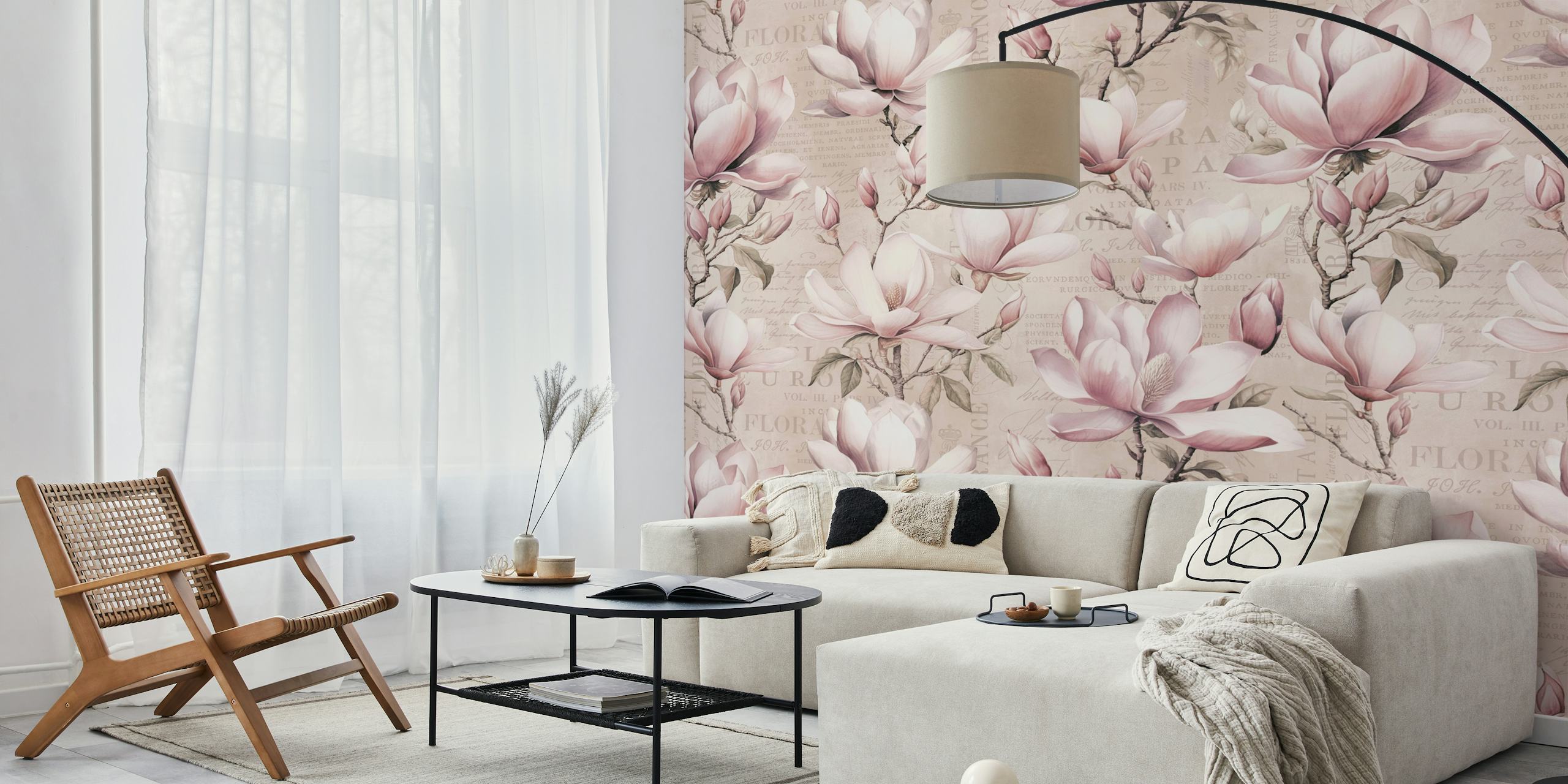 Pink magnolia flowers with green leaves on a vintage background wallpaper