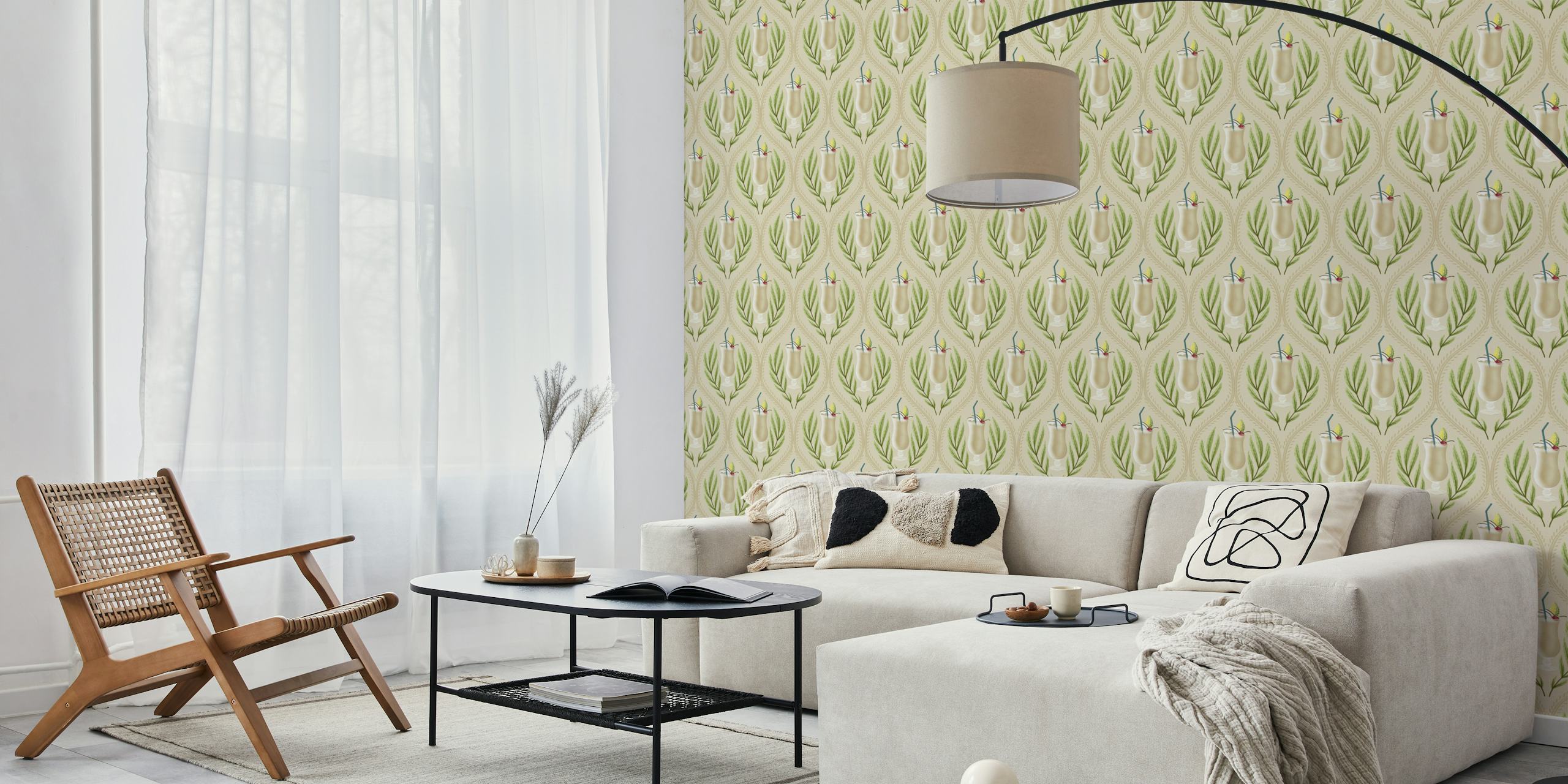 Pina colada cocktails with green leaves on cream background wallpaper