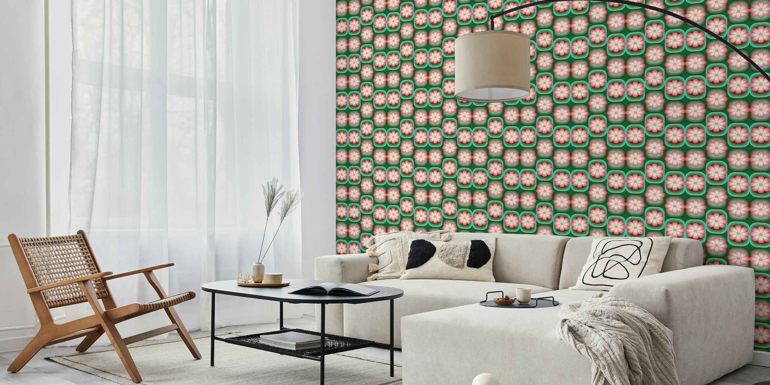 Blumen-Wandbild im 70er-Jahre-Stil mit rosa, grünem und braunem Design