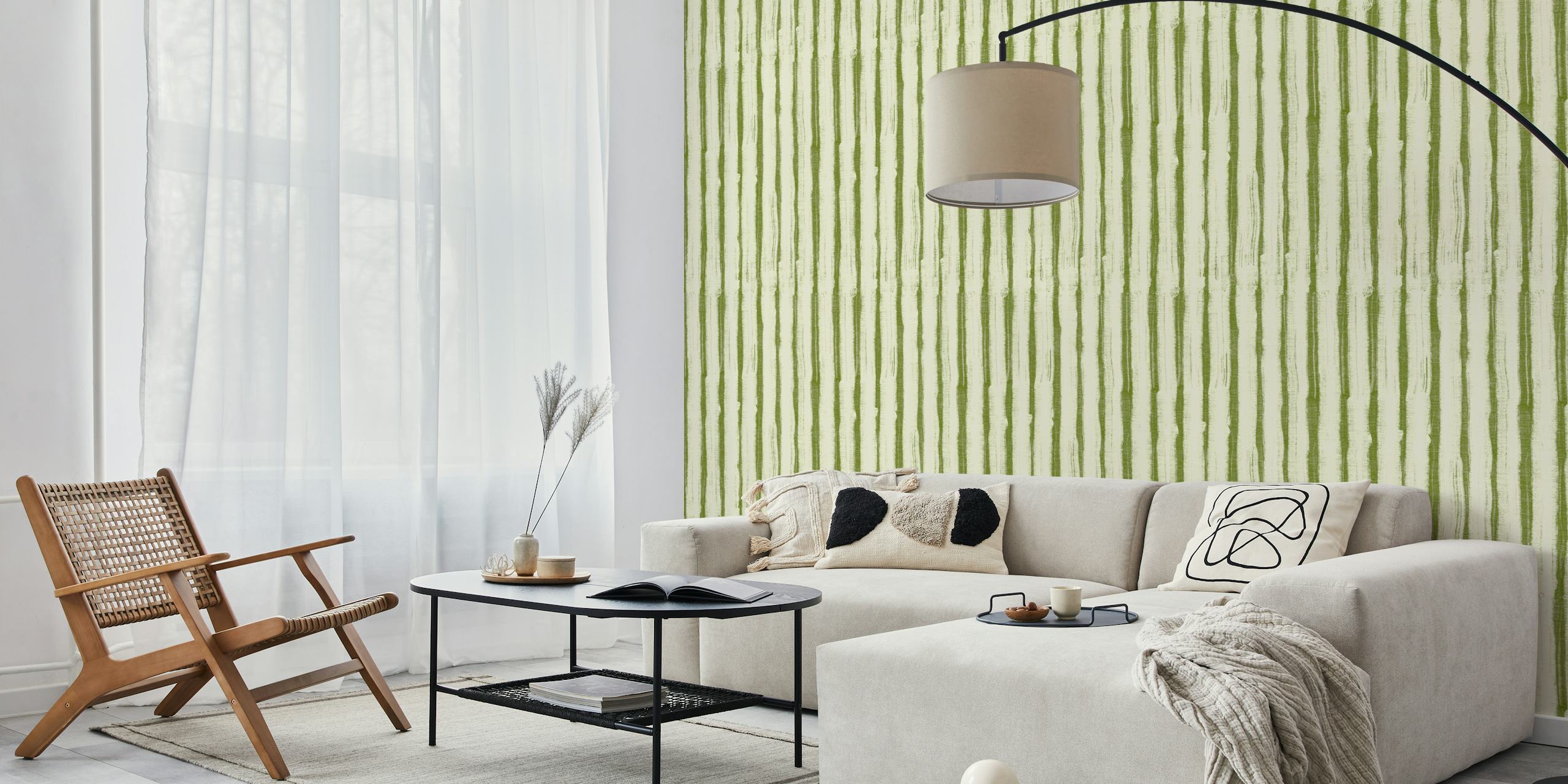 Green and cream striped wallpaper with textured pattern