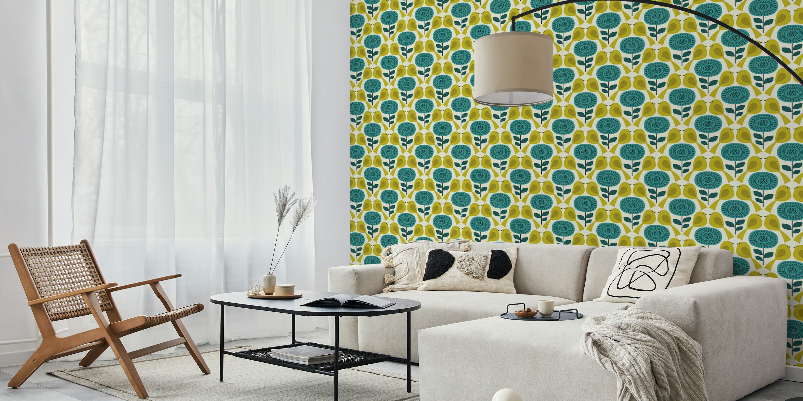 Geometric flowers and birds design tapet