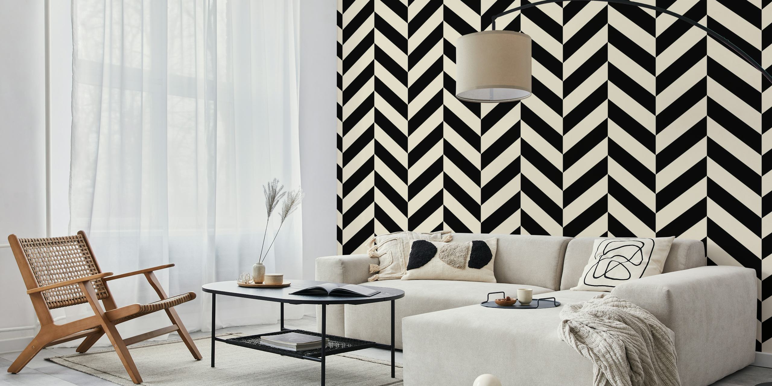 Black and cream white striped wall mural with diagonal pattern